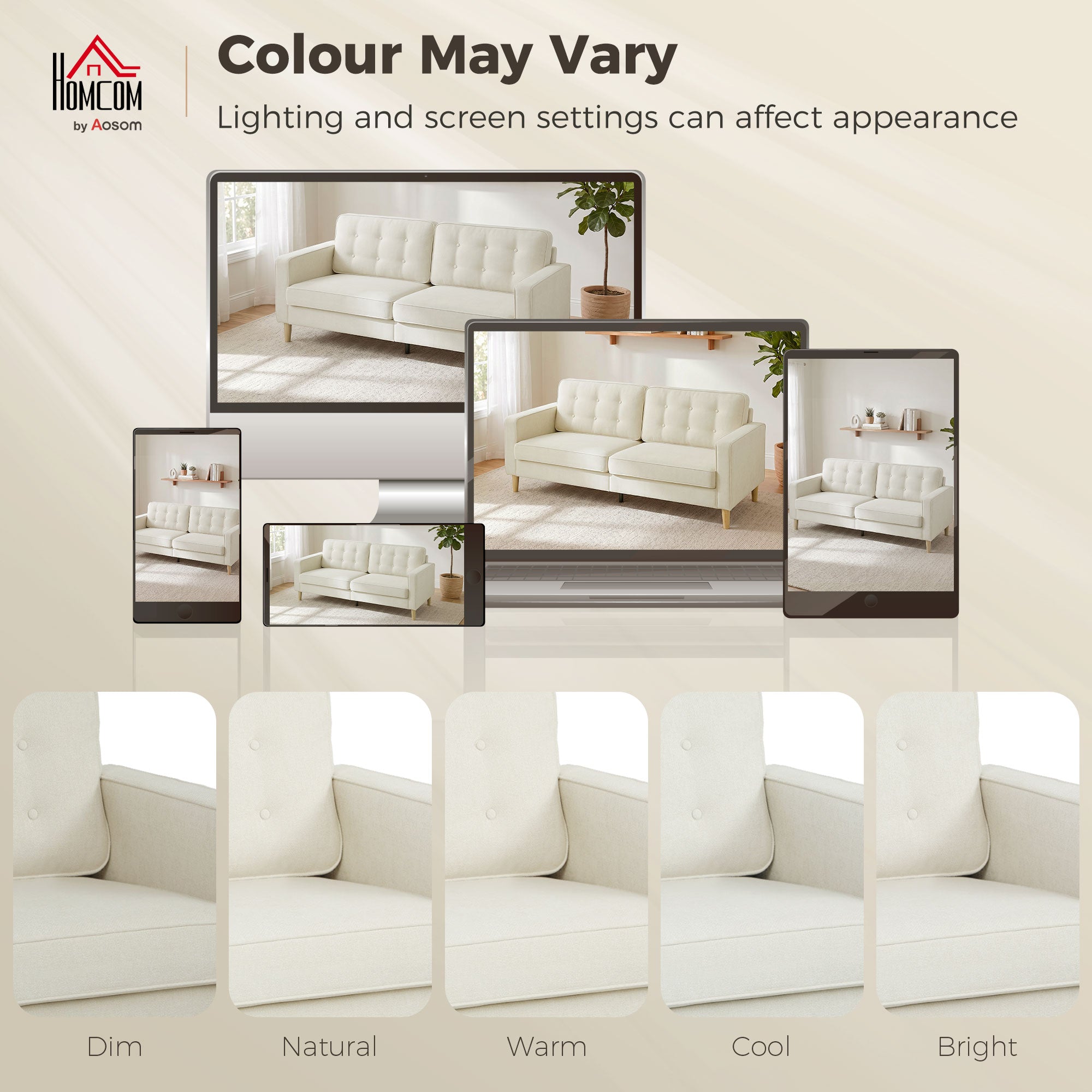 3 Seater Sofa, Upholstered Couch for Bedroom, Modern Sofa Settee with Padded Cushion, Button Tufting and Wood Legs for Living Room, Cream White