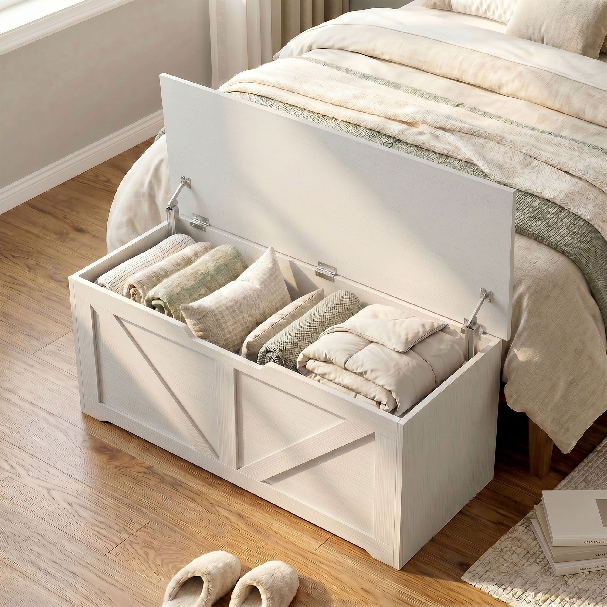127L Storage Chest, Shoe Storage Trunk Bench Box with 2 Safety Hinges and U-shaped Cut-out Pull, Blanket Box Ottoman for Bedroom, Living Room, Entryway, 100 x 40 x 45 cm, White Wood-Effect