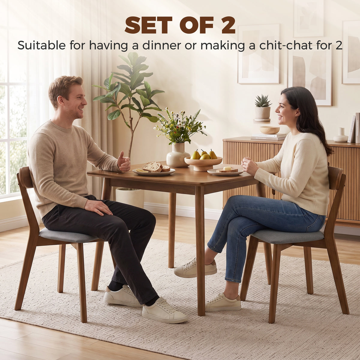 Dining Chairs Set of 2, Mid-Century Modern Upholstered Kitchen Chairs with Rubberwood Legs, Curved Backrest, Cushioned Seat for Dining Room, Living Room, Grey and Brown