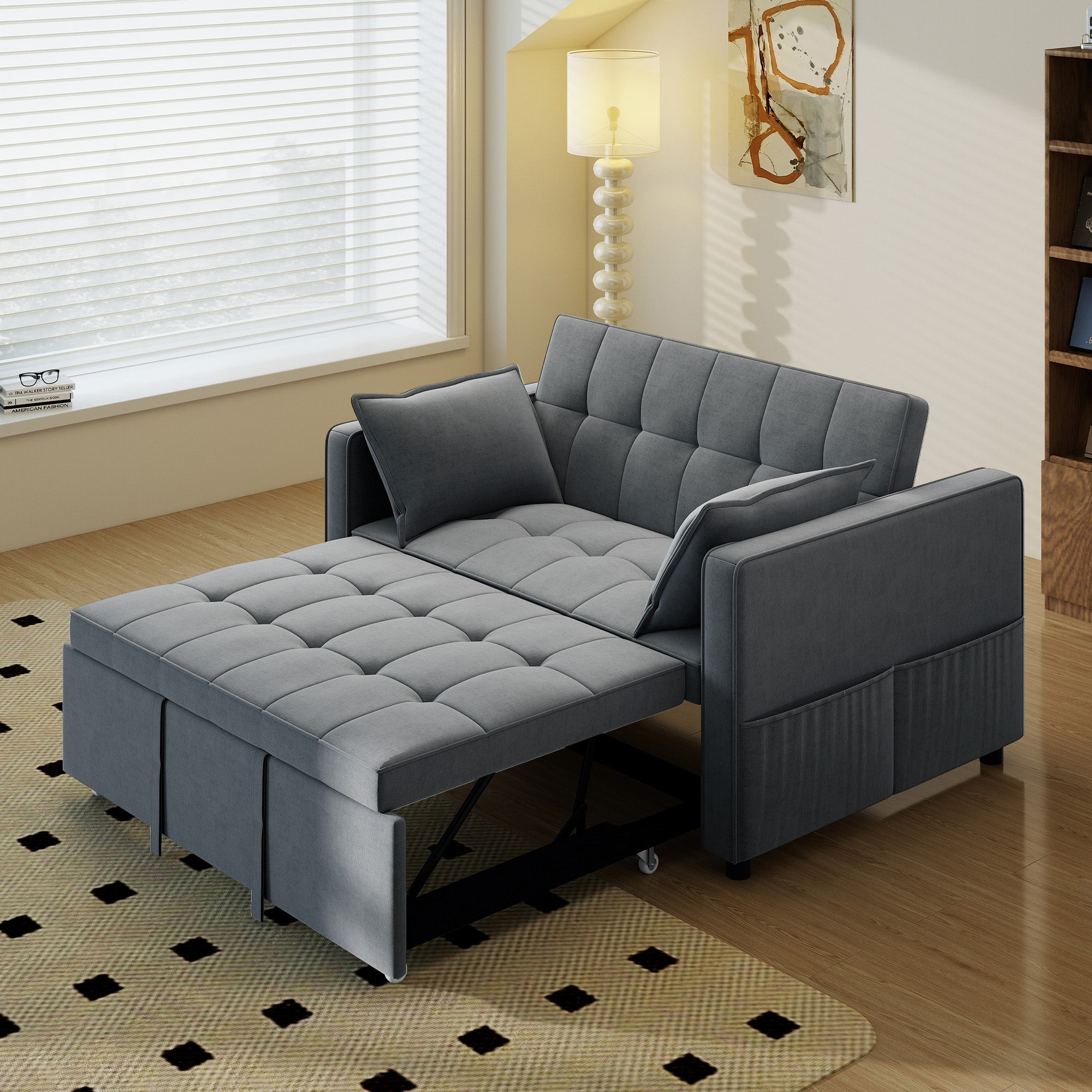 3‑in‑1 Convertible Sofa Bed, Pull Out Sleeper Sofa with USB Charging, Adjustable Backrest, Side Pockets, Sleeper Couch for Living Room, Small Space, Apartment, Dark Grey