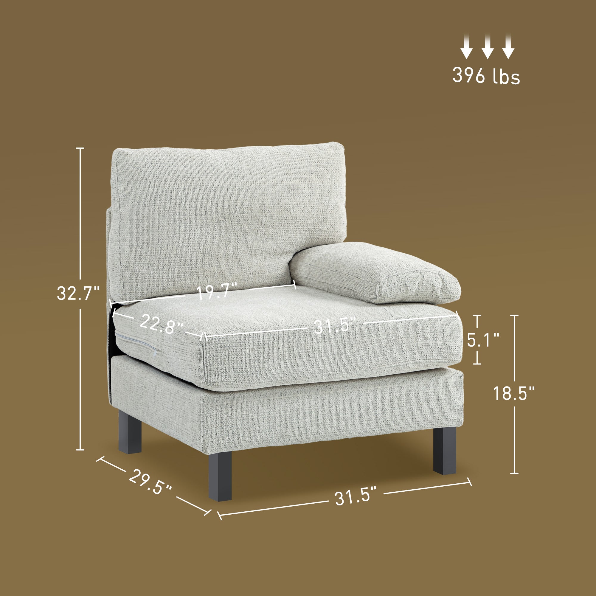 Right Side Module for Modular Sectional Sofa, Upholstered Armchair with Wood Legs and Pocket Spring, Cream White