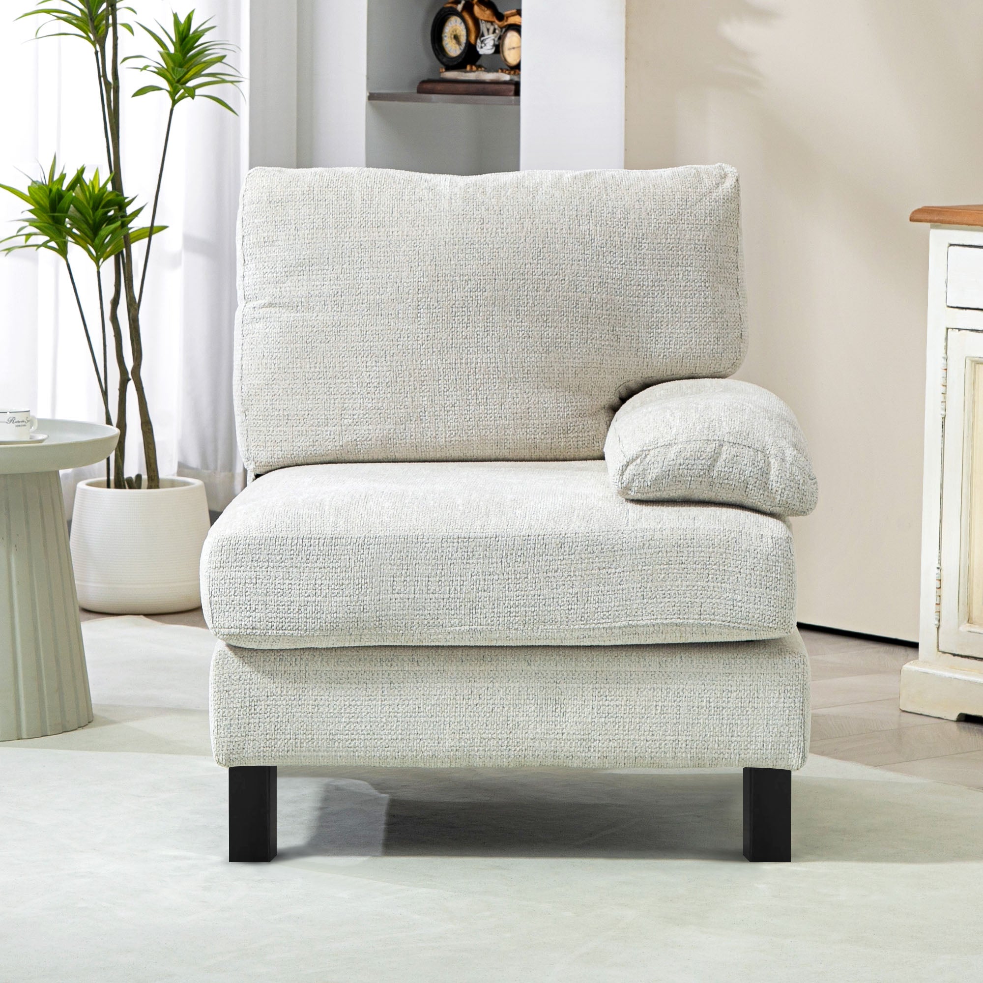 Right Side Module for Modular Sectional Sofa, Upholstered Armchair with Wood Legs and Pocket Spring, Cream White