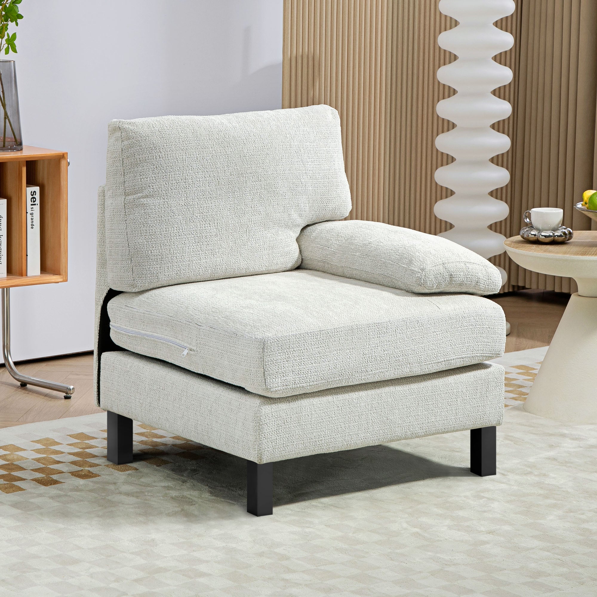 Right Side Module for Modular Sectional Sofa, Upholstered Armchair with Wood Legs and Pocket Spring, Cream White