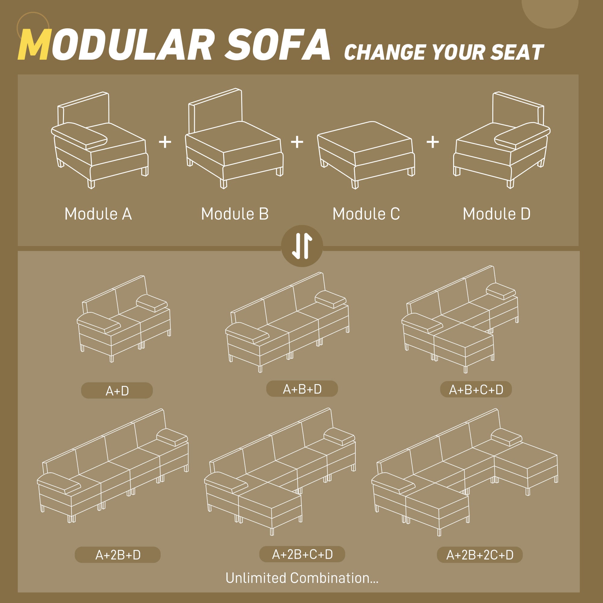 Right Side Module for Modular Sectional Sofa, Upholstered Armchair with Wood Legs and Pocket Spring, Cream White