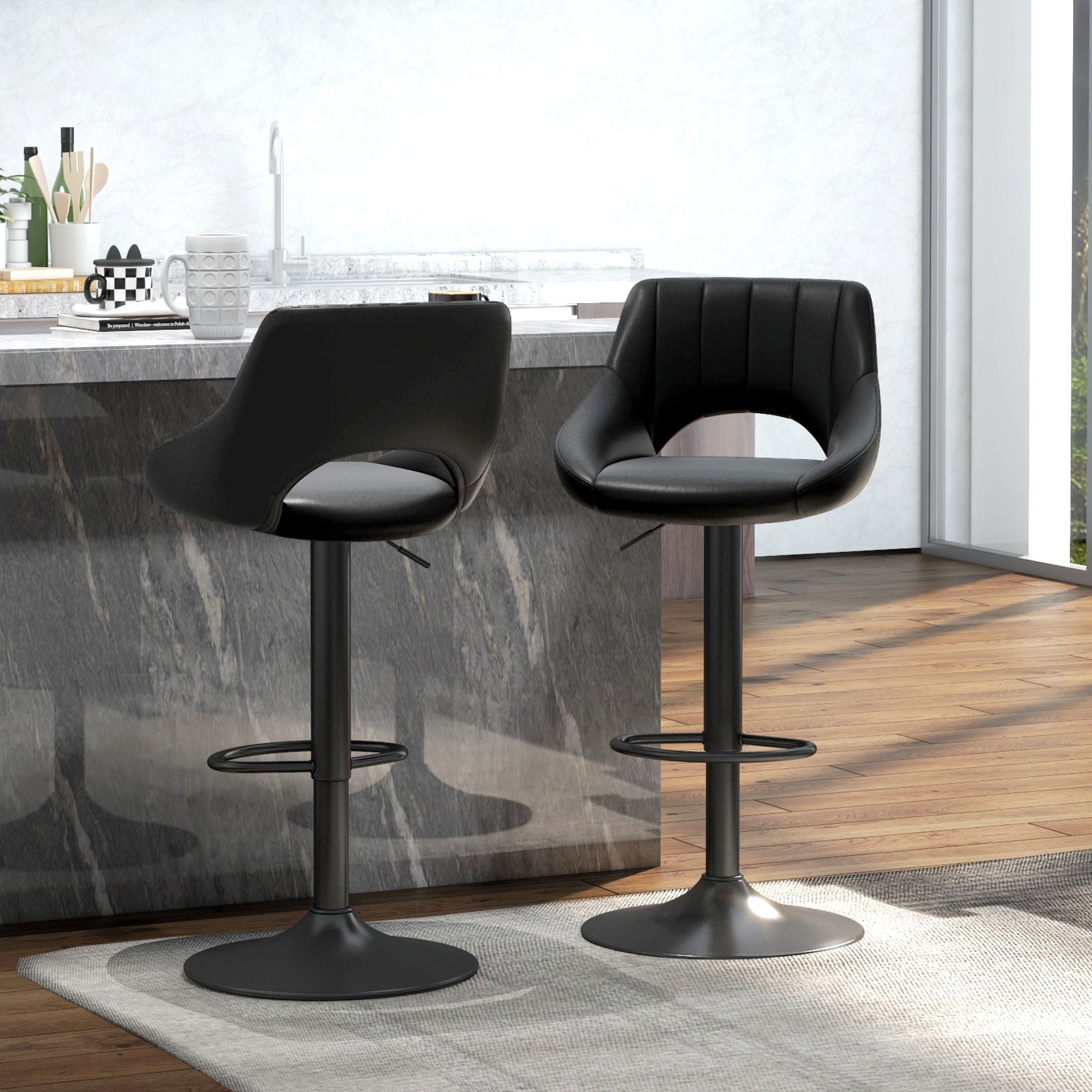 HOMCOM Bar Stools Set of 2, Swivel Counter Height Barstools with Adjustable Height, Faux Leather Upholstered Bar Chairs with Round Metal Base and Footrest, Black