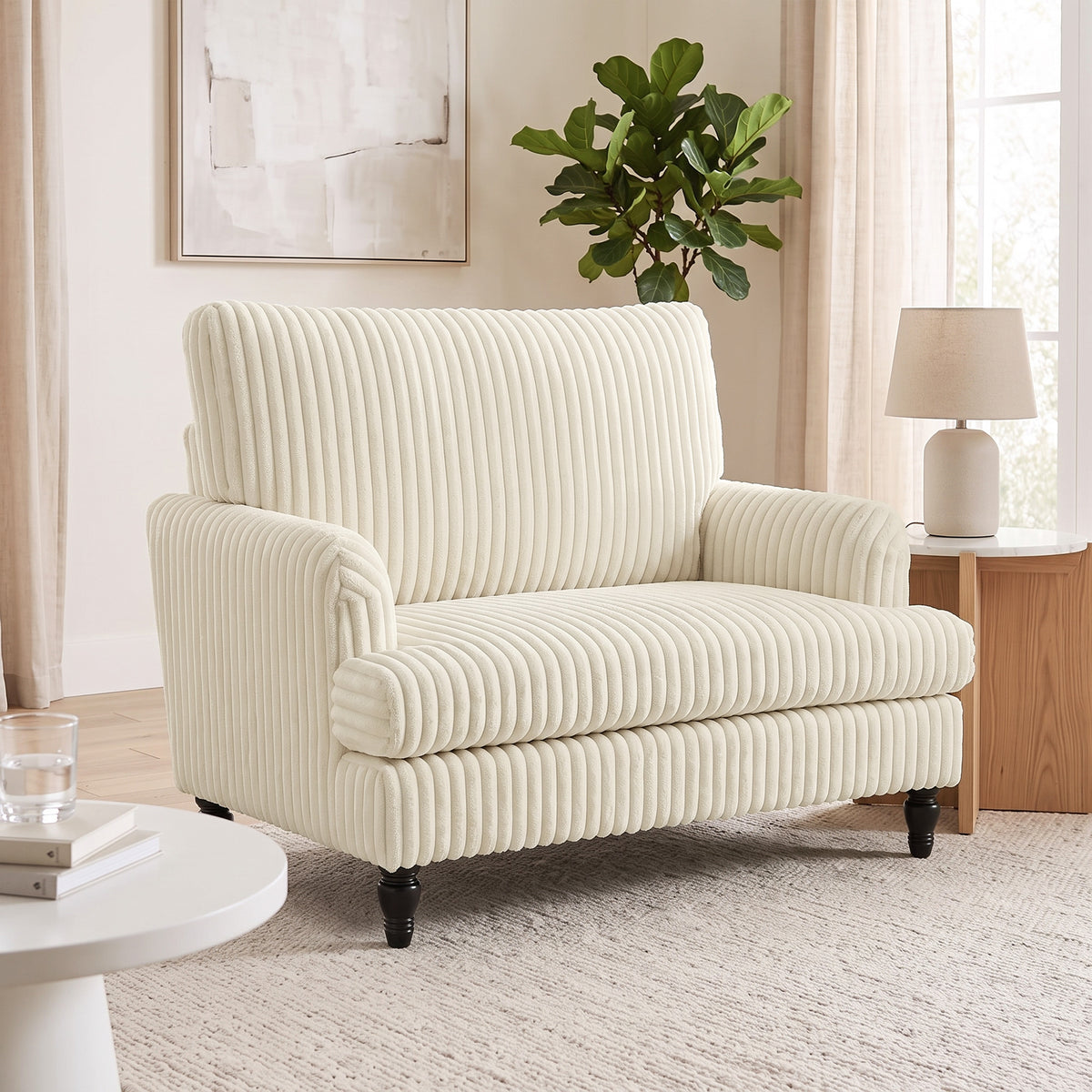 Modern Accent Chair, Corduroy Single Sofa Armchair with Stripes, Turned Legs and Wide Seat, Upholstered Snuggle Chair for Living Room, Bedroom, Cream