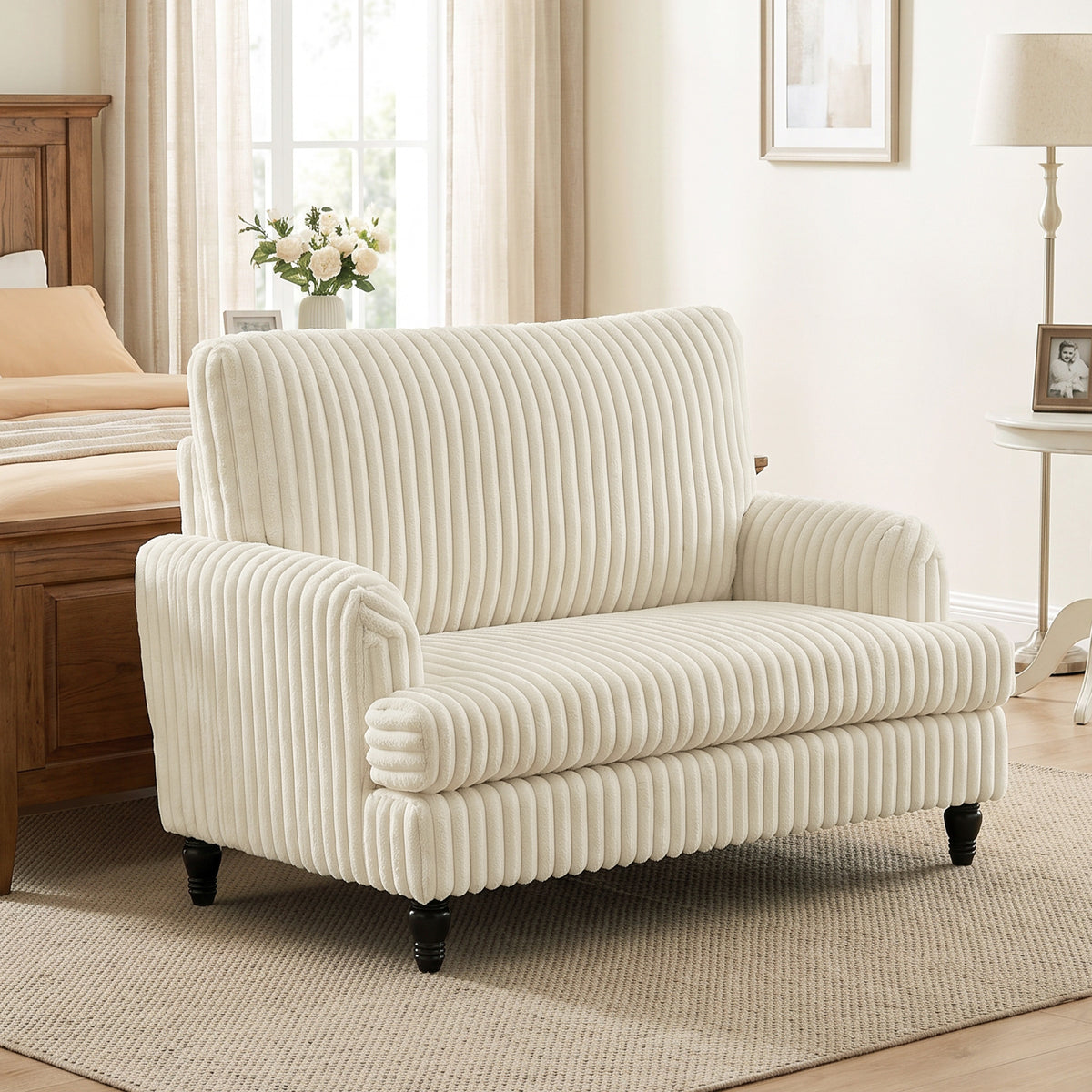 Modern Accent Chair, Corduroy Single Sofa Armchair with Stripes, Turned Legs and Wide Seat, Upholstered Snuggle Chair for Living Room, Bedroom, Cream