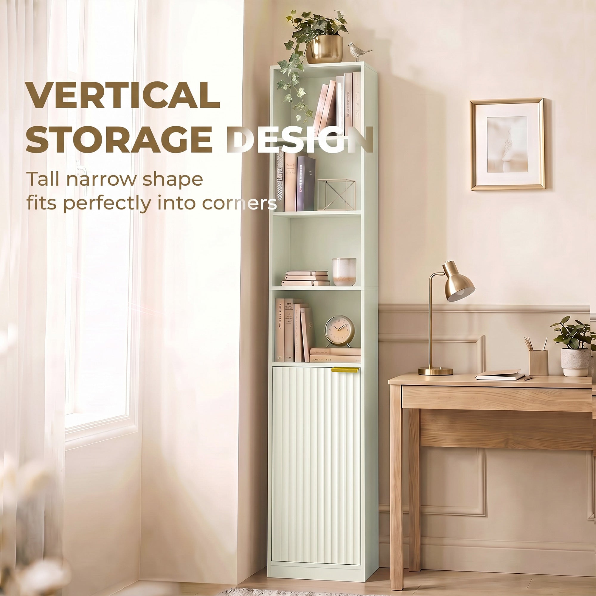 Bookcase, 6-Tier Tall Bookshelf, Open Book Shelf with Storage Cabinet and Adjustable Shelf, Anti-Tip Hardware for Living Room, Bedroom, Home Office, Light Green