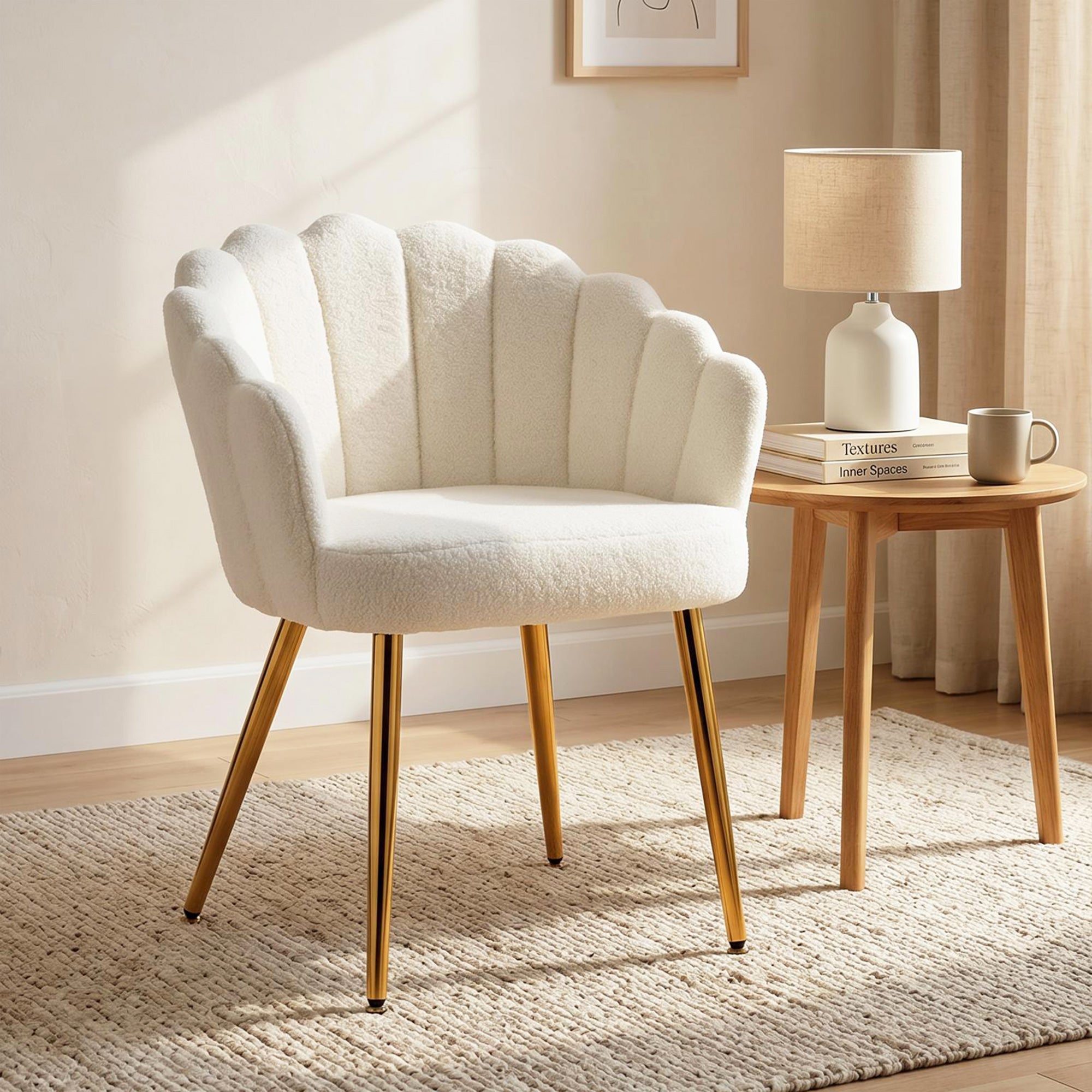 Petal-Back Accent Chair, Faux Lamb Wool Upholstered Armchair, Living Room Chair with Metal Legs, Adjustable Foot Pads, Cream