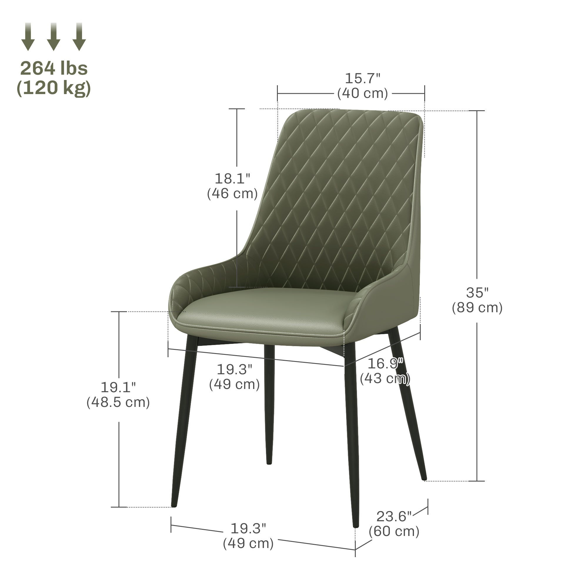 HOMCOM Dining Chairs Set of 2, Modern PU Leather Upholstered Kitchen Chairs with Diamond Tufted Backs and Steel Legs for Living Room, Dining Room, Bedroom, Green