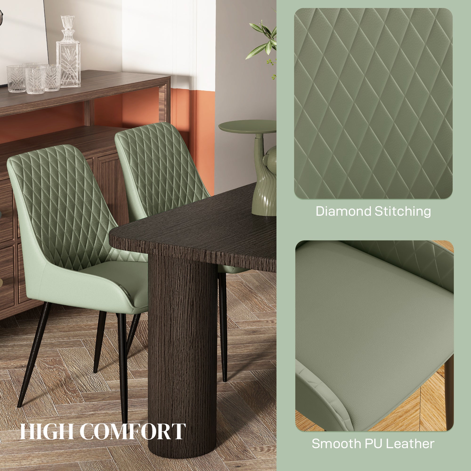 HOMCOM Dining Chairs Set of 2, Modern PU Leather Upholstered Kitchen Chairs with Diamond Tufted Backs and Steel Legs for Living Room, Dining Room, Bedroom, Green