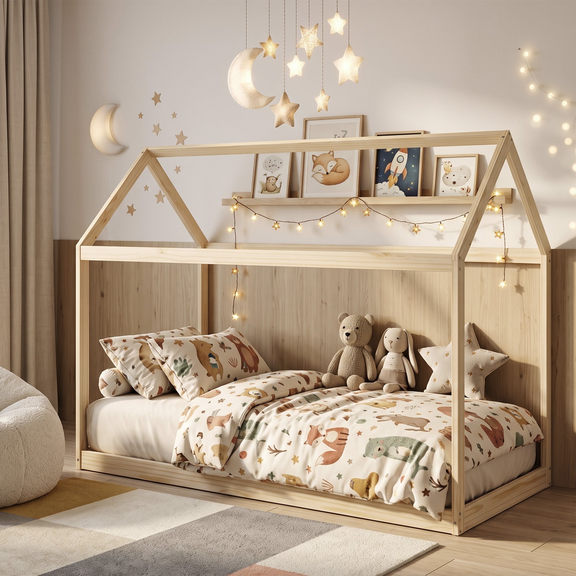 Single Bed Frame, House Scandinavian Style Wooden Bed Frame for 90W x 190Dcm Mattress, Pine Wood Bed Base, Natural Wood Finish
