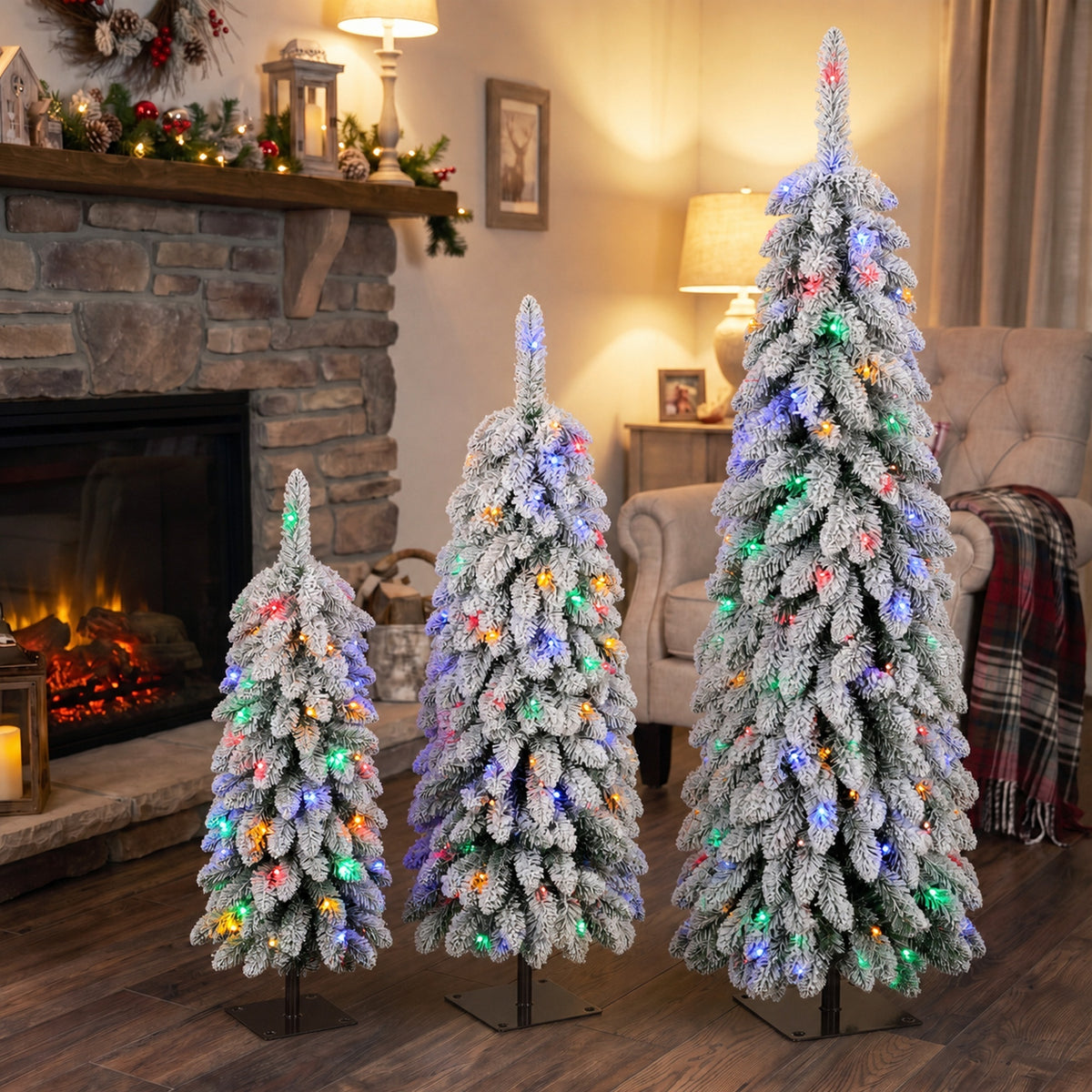 Artificial Christmas Tree Set of 3, Snowy Pre-Lit Christmas Trees with PVC Branch Tips and Multicolour LED Lights, Slim Pencil Xmas Decorations, 90/120/150 cm, Green White