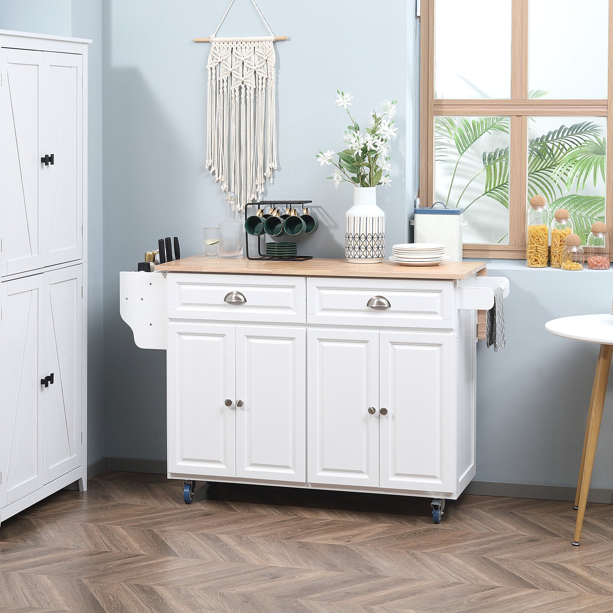 Rolling Kitchen Island Drop Leaf Kitchen Cart on Wheels Solid Wood Top with Storage Drawers White