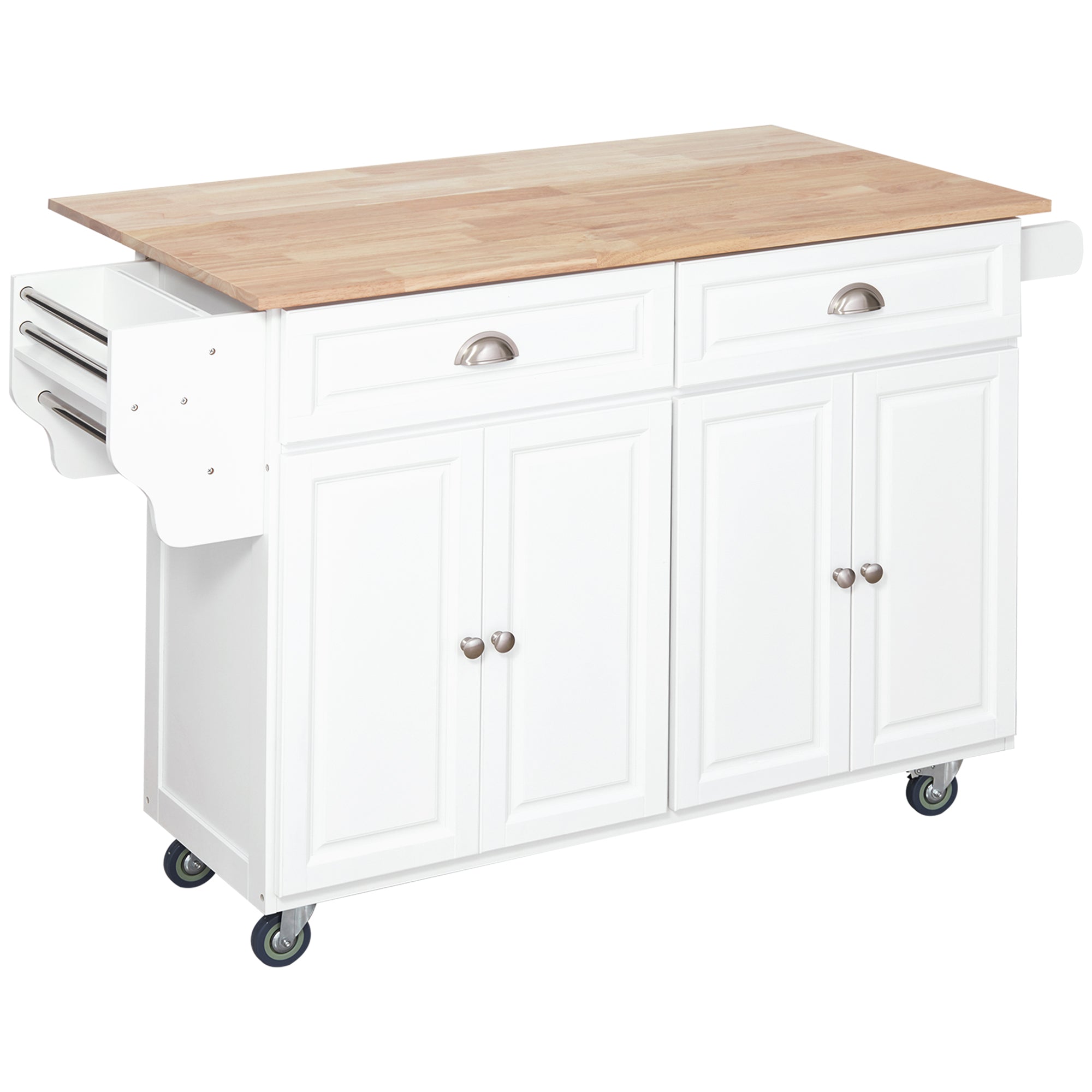 Rolling Kitchen Island Drop Leaf Kitchen Cart on Wheels Solid Wood Top with Storage Drawers White