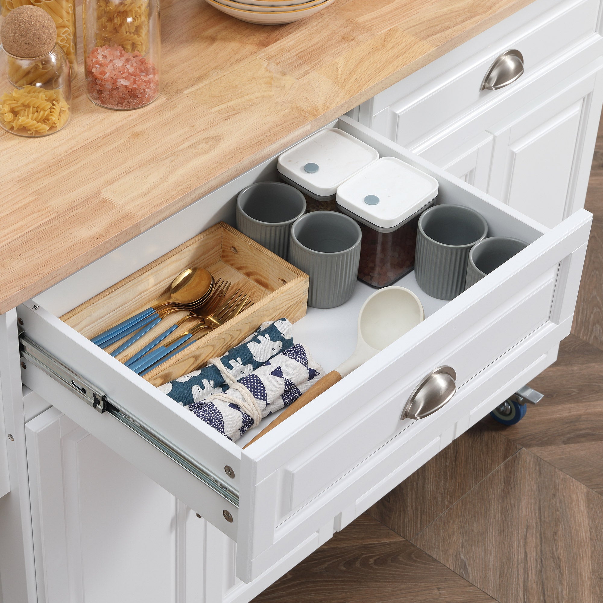 Rolling Kitchen Island Drop Leaf Kitchen Cart on Wheels Solid Wood Top with Storage Drawers White