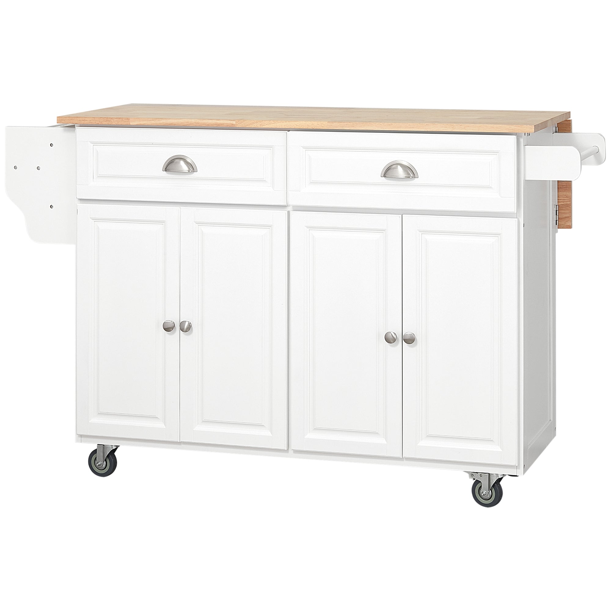 Rolling Kitchen Island Drop Leaf Kitchen Cart on Wheels Solid Wood Top with Storage Drawers White