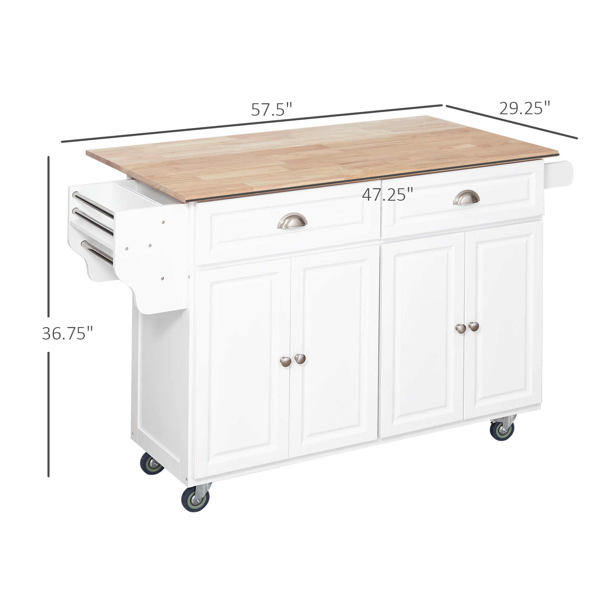 Rolling Kitchen Island Drop Leaf Kitchen Cart on Wheels Solid Wood Top with Storage Drawers White