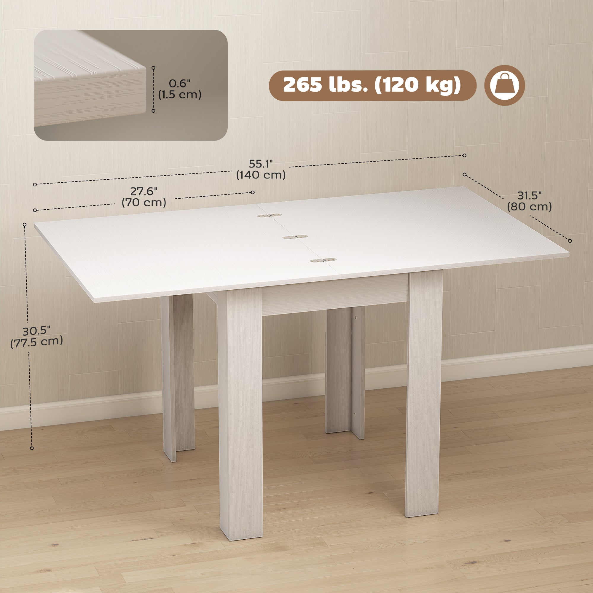 55" Extendable Dining Table for 4-6 Person, Rectangular Modern Kitchen Table with PU Handle and Felt Pads for Small Spaces, White Wood Effect