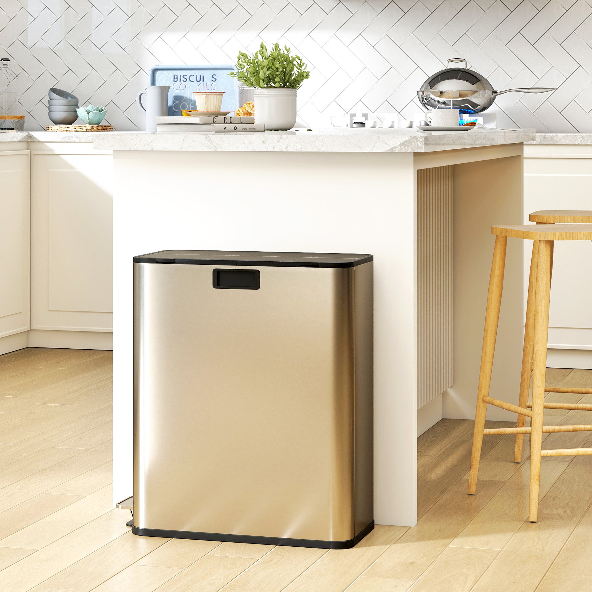 Dual Kitchen Bin with Soft-Close Butterfly Lid, 2 x 7.4Gal Stainless Steel Pedal Bin with Removable Inner Buckets, Fingerprint-Proof for Recycling and Waste, Silver Tone