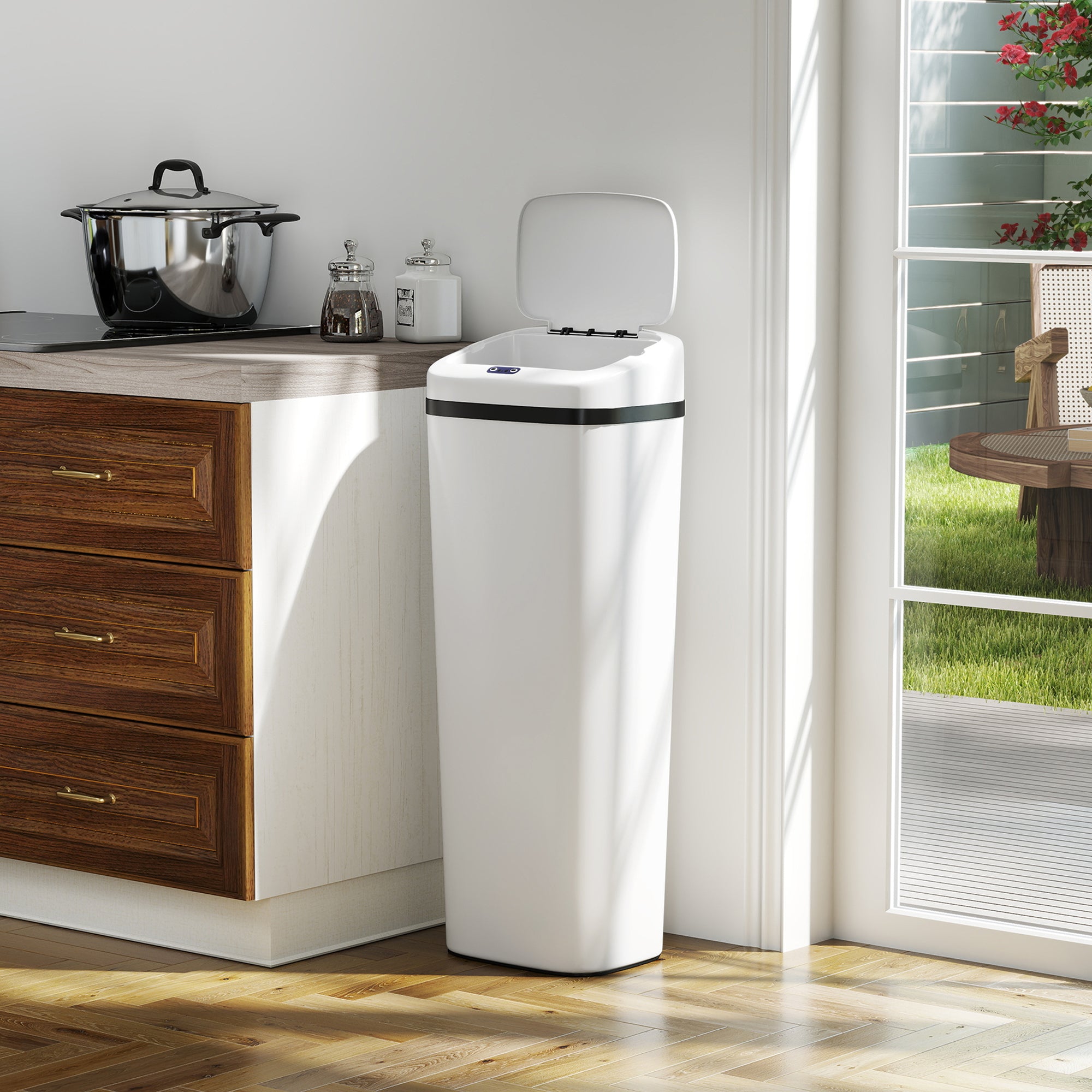 50L Sensor Bin, Stainless Steel Automatic Touchless Slim Kitchen Bin with Dual-Mode Opening, Fingerprint-Proof, Easy Clean, Battery Operated for Home Office, Bedroom, Bathroom, White