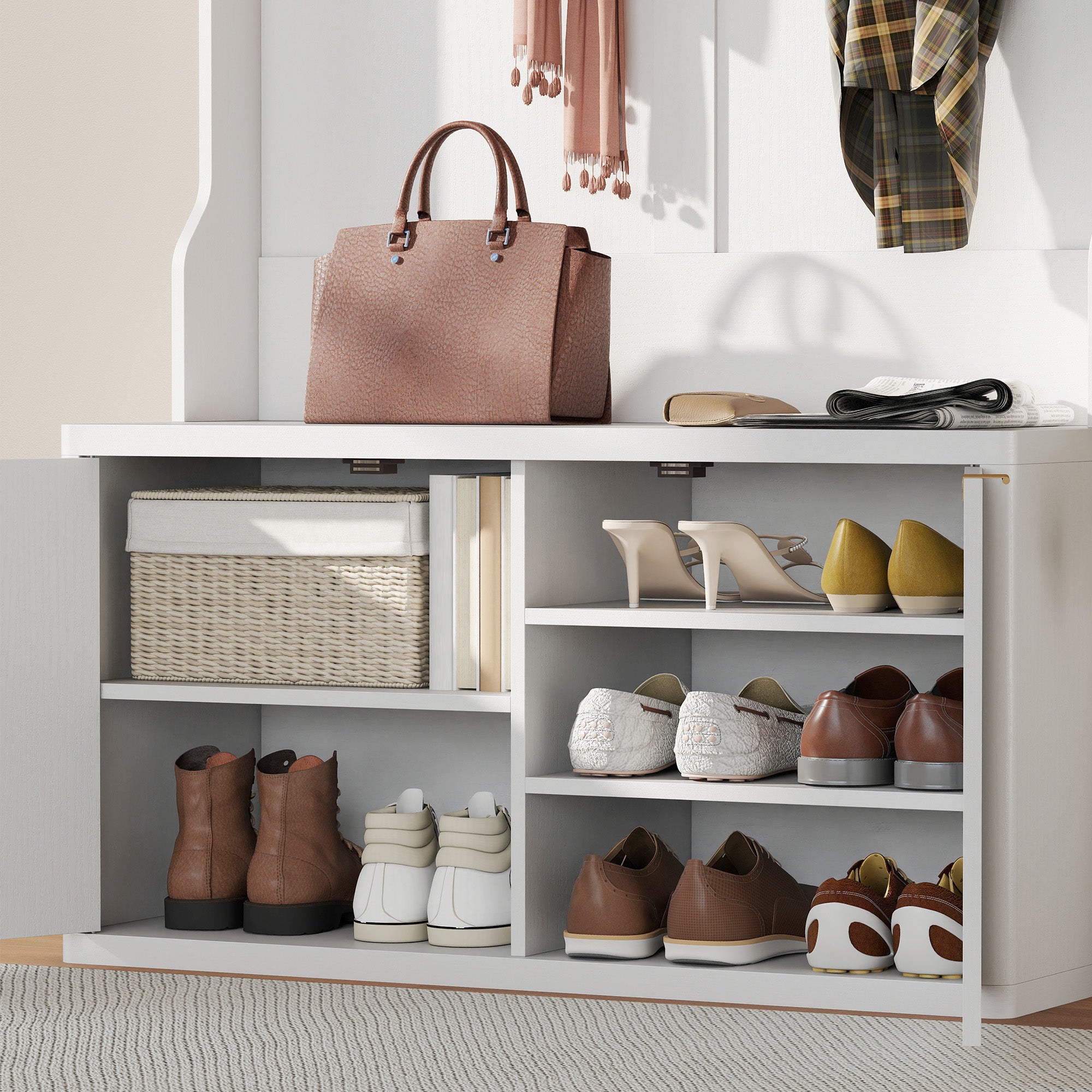 4-In-1 Hall Tree with Shoe Bench, Modern Coat Rack with Shoe Rack and Open Shelf for Hallway, Entryway, Bedroom, Living Room, White