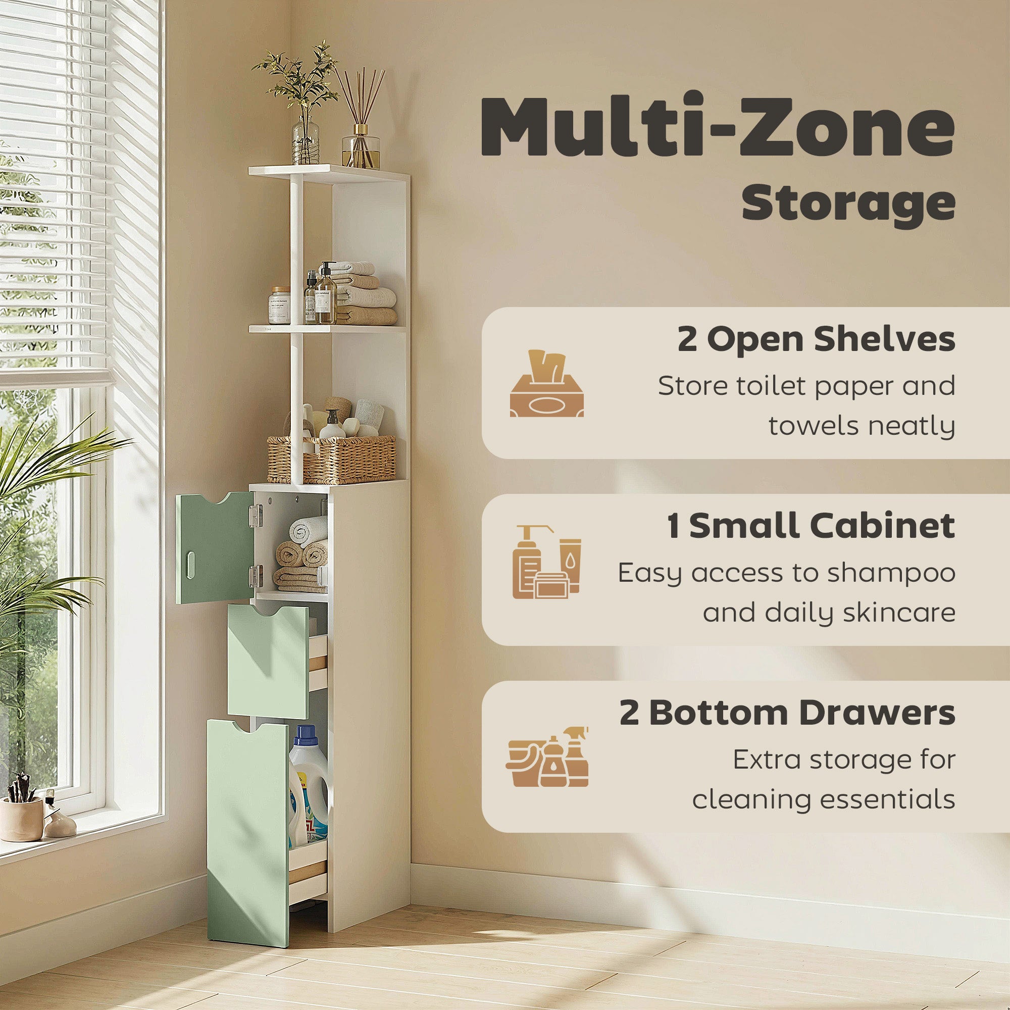Tall Bathroom Cabinet, Freestanding Slim Bathroom Storage Cabinet with 2-Tier Open Shelf and 2 Drawers for Small Space, Narrow Cupboard Storage Unit, White and Light Green