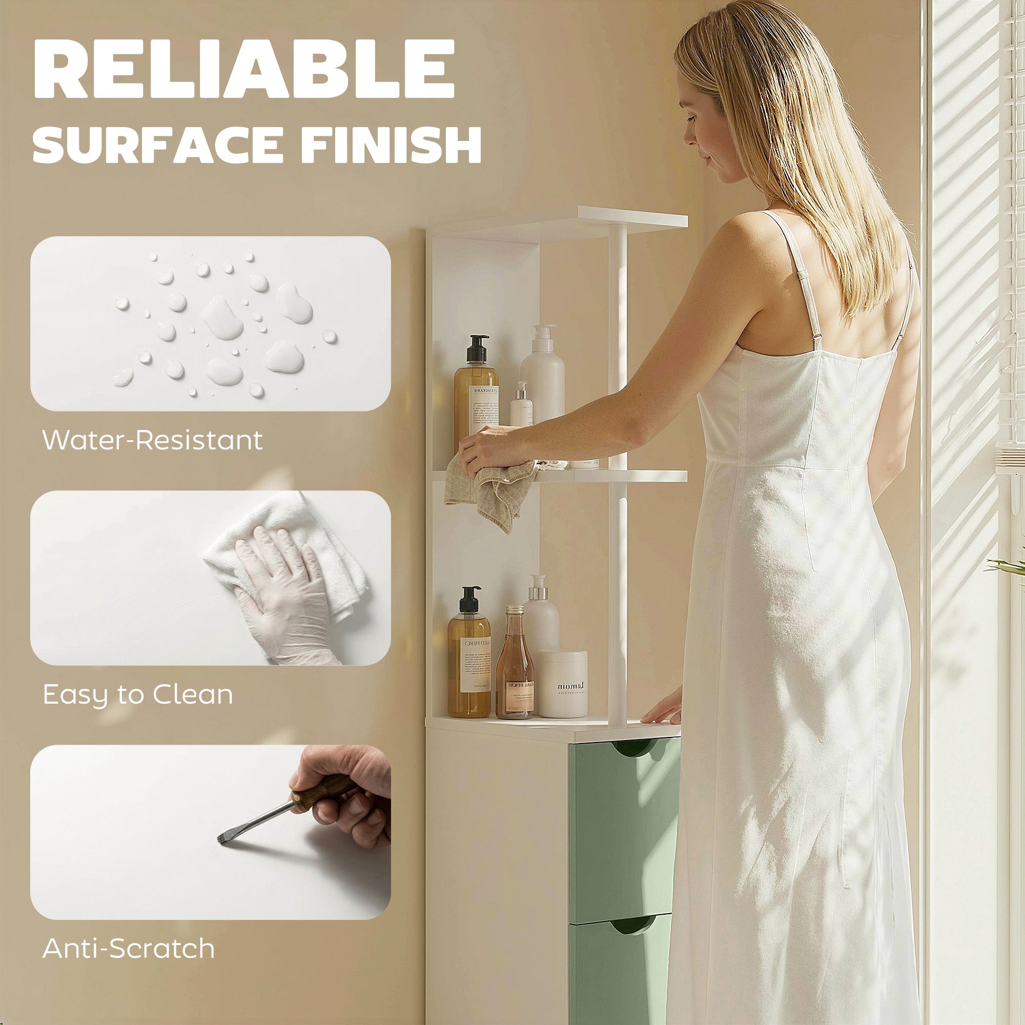 Tall Bathroom Cabinet, Freestanding Slim Bathroom Storage Cabinet with 2-Tier Open Shelf and 2 Drawers for Small Space, Narrow Cupboard Storage Unit, White and Light Green