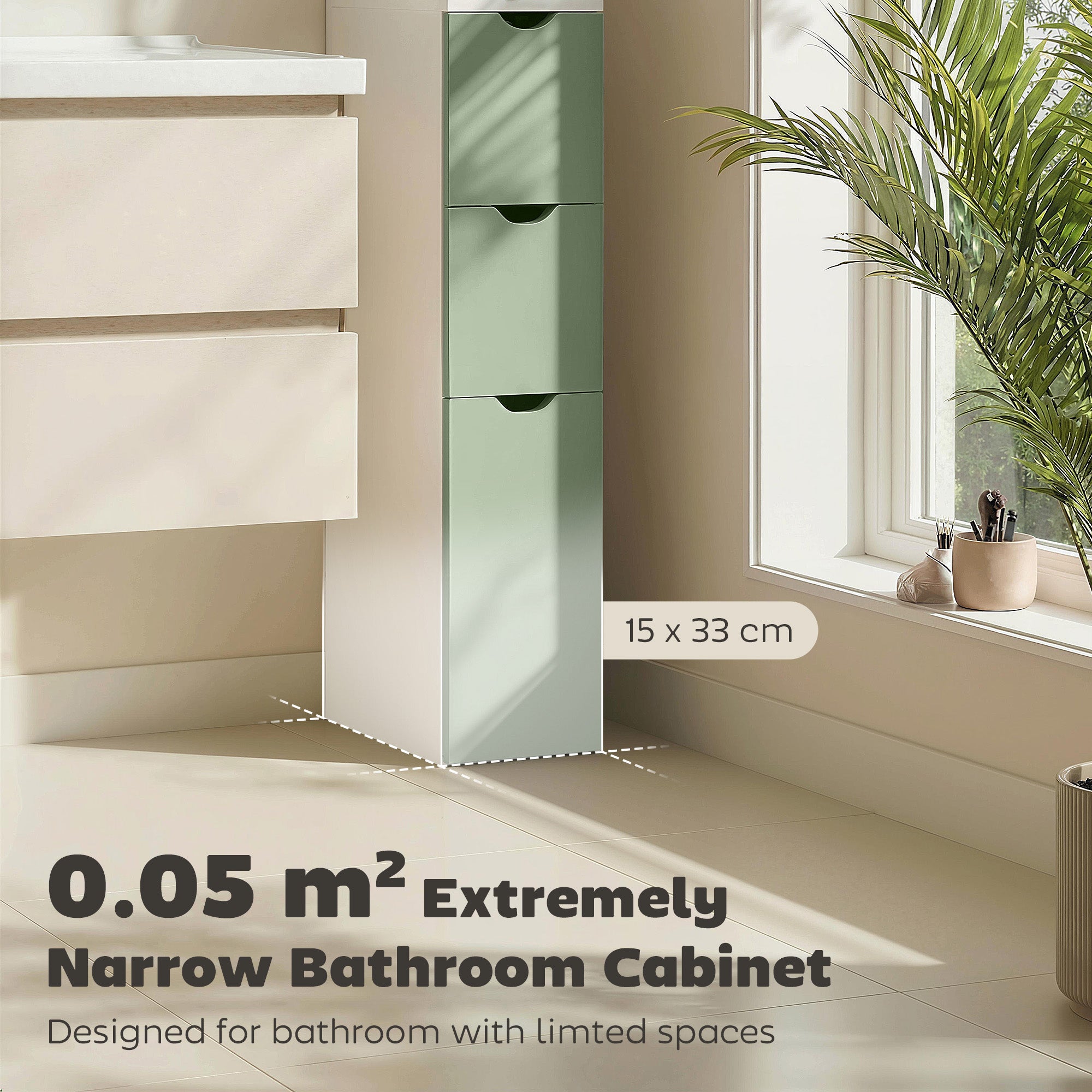 Tall Bathroom Cabinet, Freestanding Slim Bathroom Storage Cabinet with 2-Tier Open Shelf and 2 Drawers for Small Space, Narrow Cupboard Storage Unit, White and Light Green