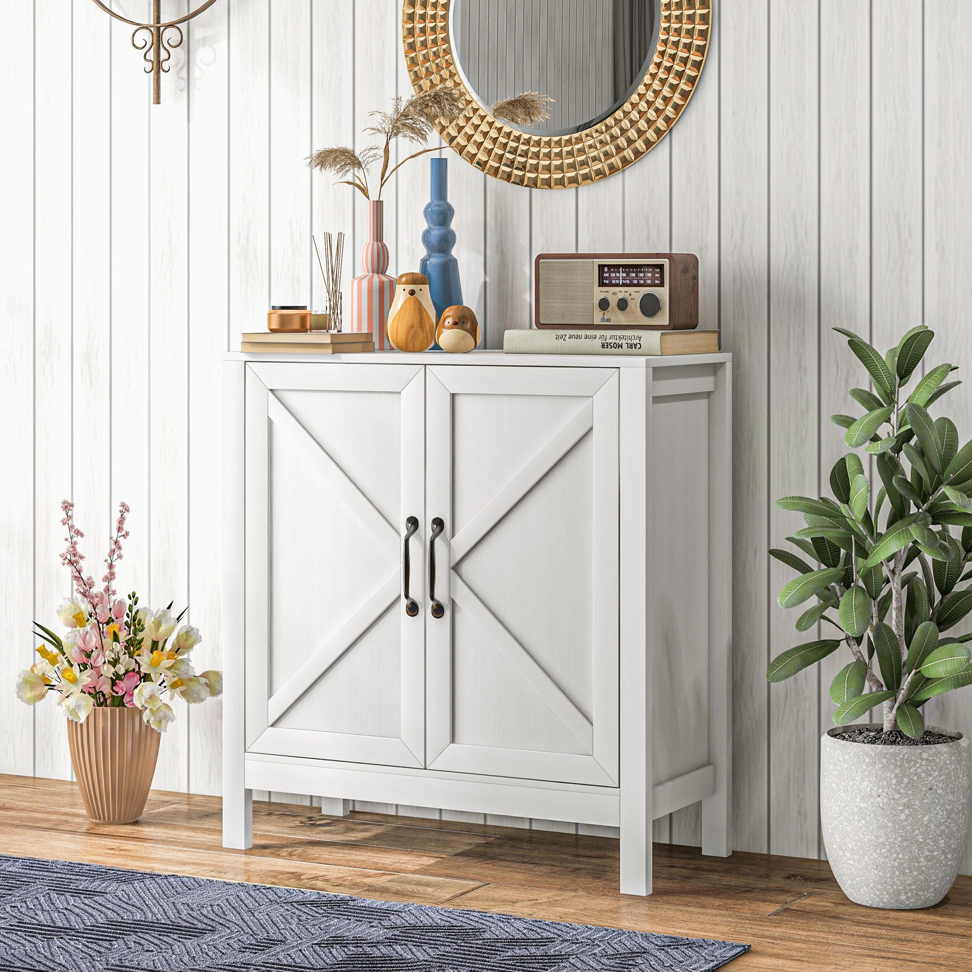 HOMCOM Kitchen Storage Cabinet, Sideboard Buffet Cabinet with 2 Barn Doors and Adjustable Shelves, White