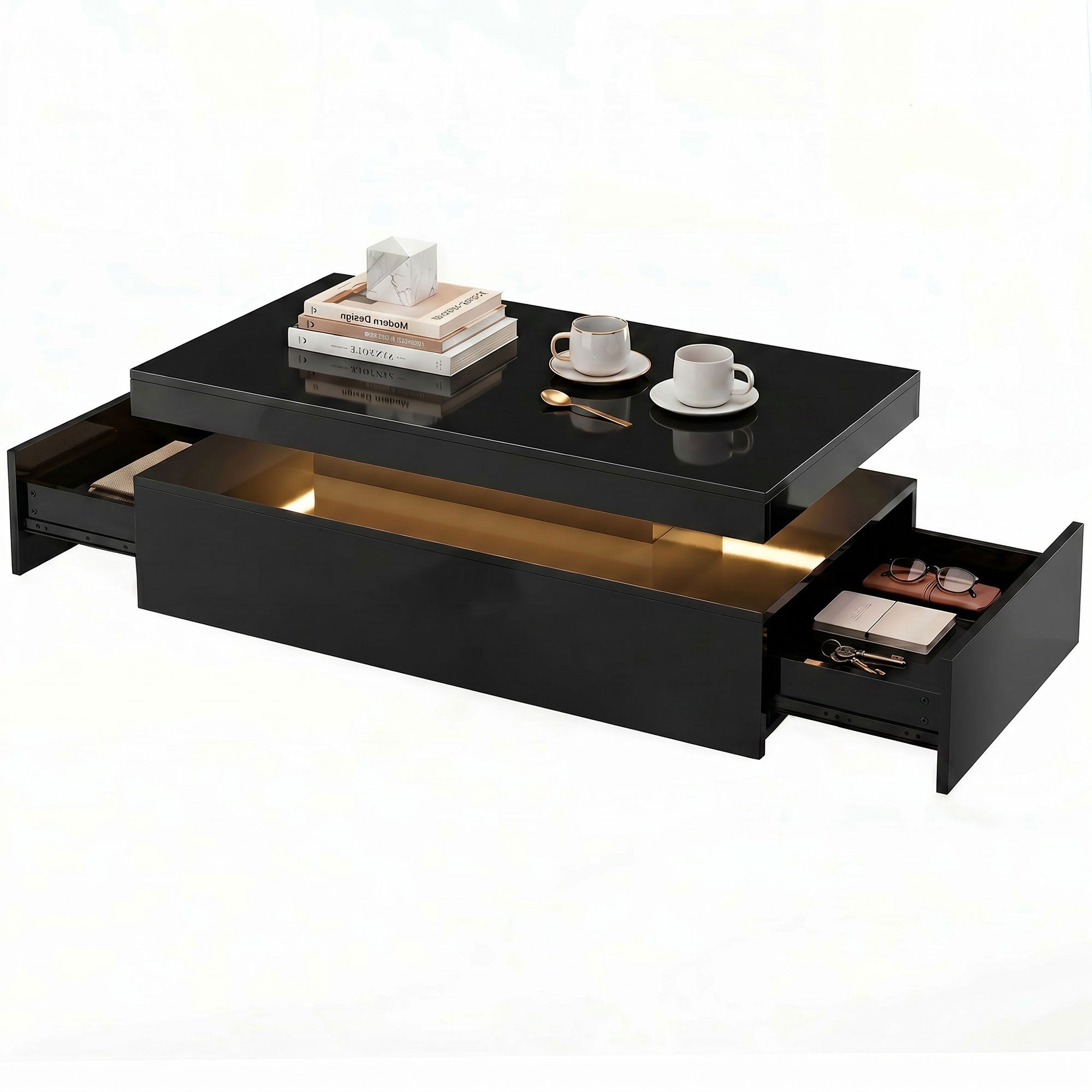LED Coffee Table with Storage, 2-Tier Modern Rectangular Center Table with 2 Drawers and Open Compartment for Living Room, High Gloss Black