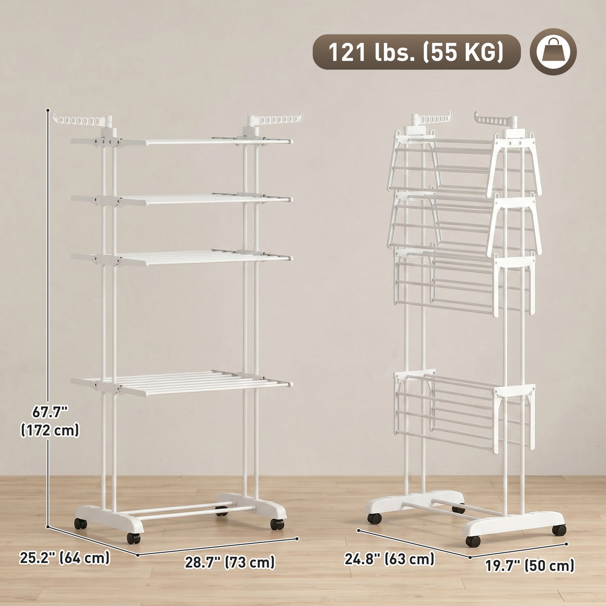 5-Tier Adjustable Clothes Drying Rack, Foldable Laundry Drying Rack with Wheels, Side Wings, Clothes Hanger for Indoor Outdoor Use, 28.7" x 25.2" x 67.7", White
