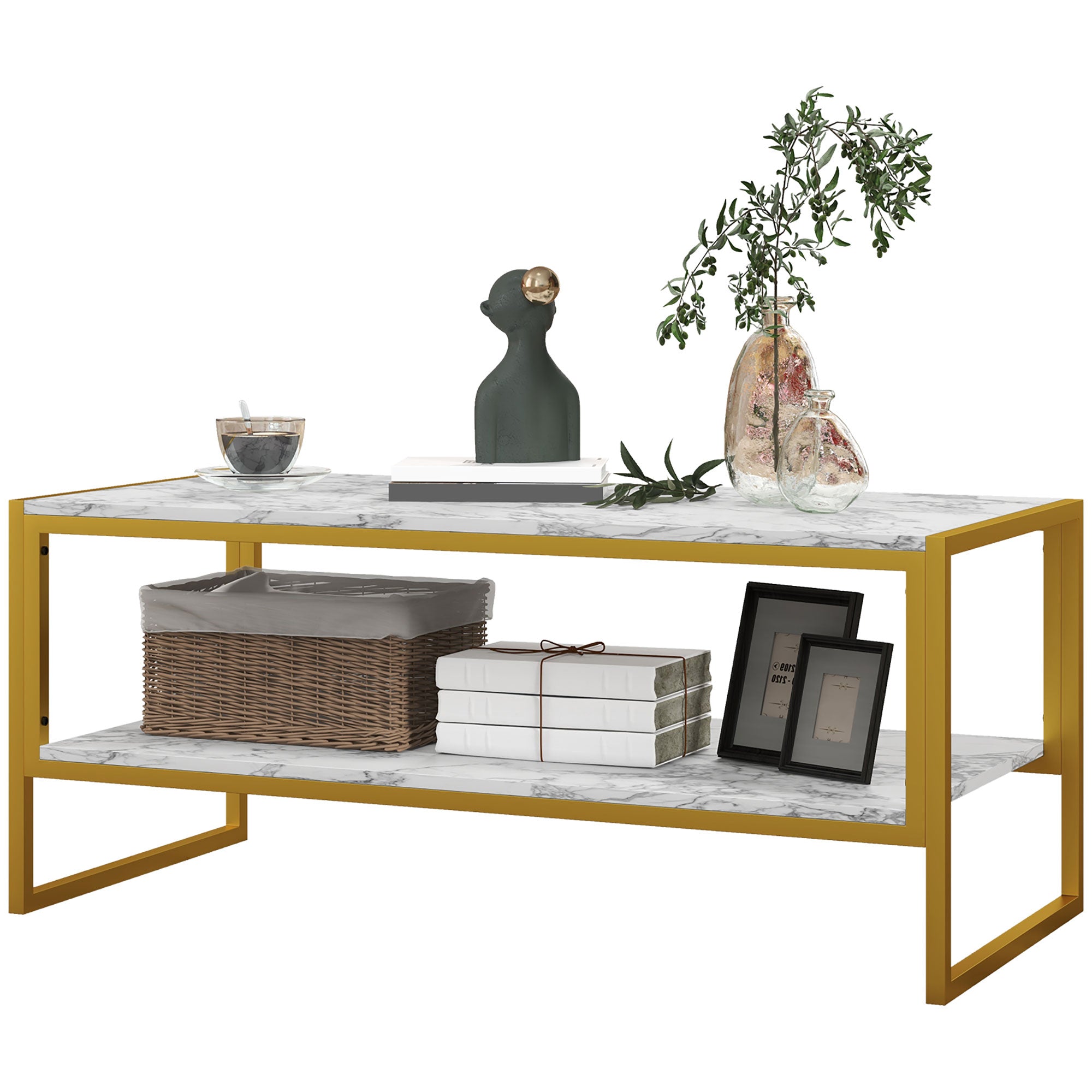 HOMCOM Coffee Table, Two-Tier Marble Centre Table with Metal Frame and Storage Shelf for Living Room, 106 x 50 x 45cm, White