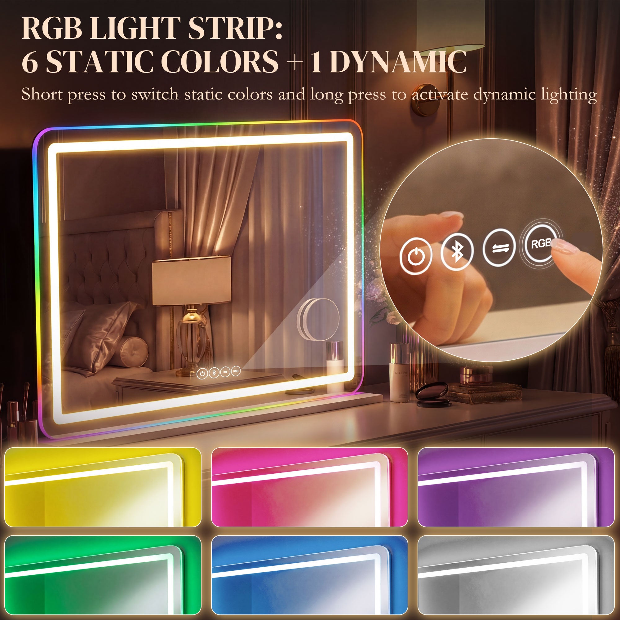 Vanity Mirror with Lights, Dimmable Makeup Mirror with Adjustable Colour Temperature, RGB Light, Bluetooth Speaker, 10X Magnification, Touch Control, 80 x 60 cm, Tabletop & Wall-Mounted, White
