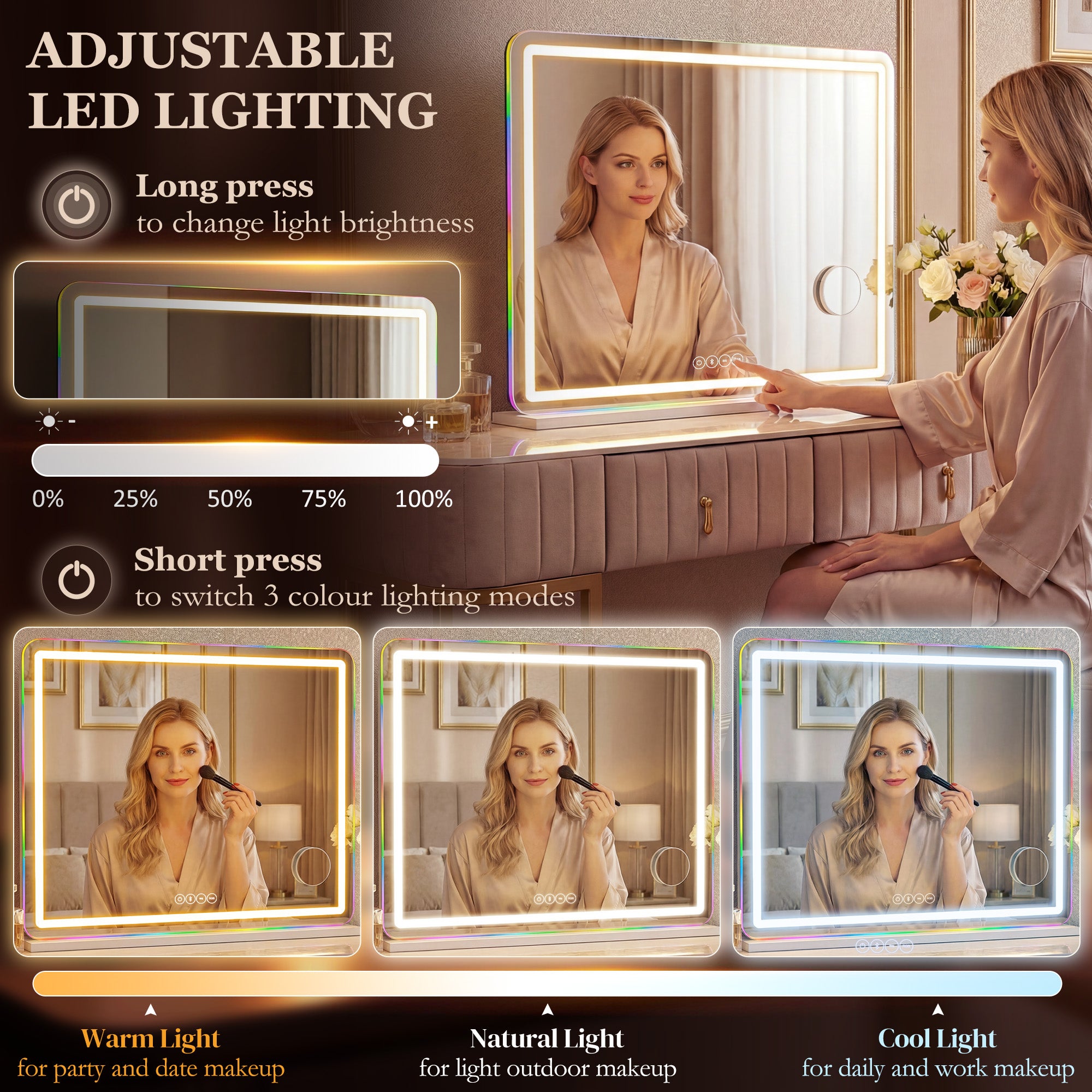 Vanity Mirror with Lights, Dimmable Makeup Mirror with Adjustable Colour Temperature, RGB Light, Bluetooth Speaker, 10X Magnification, Touch Control, 80 x 60 cm, Tabletop & Wall-Mounted, White
