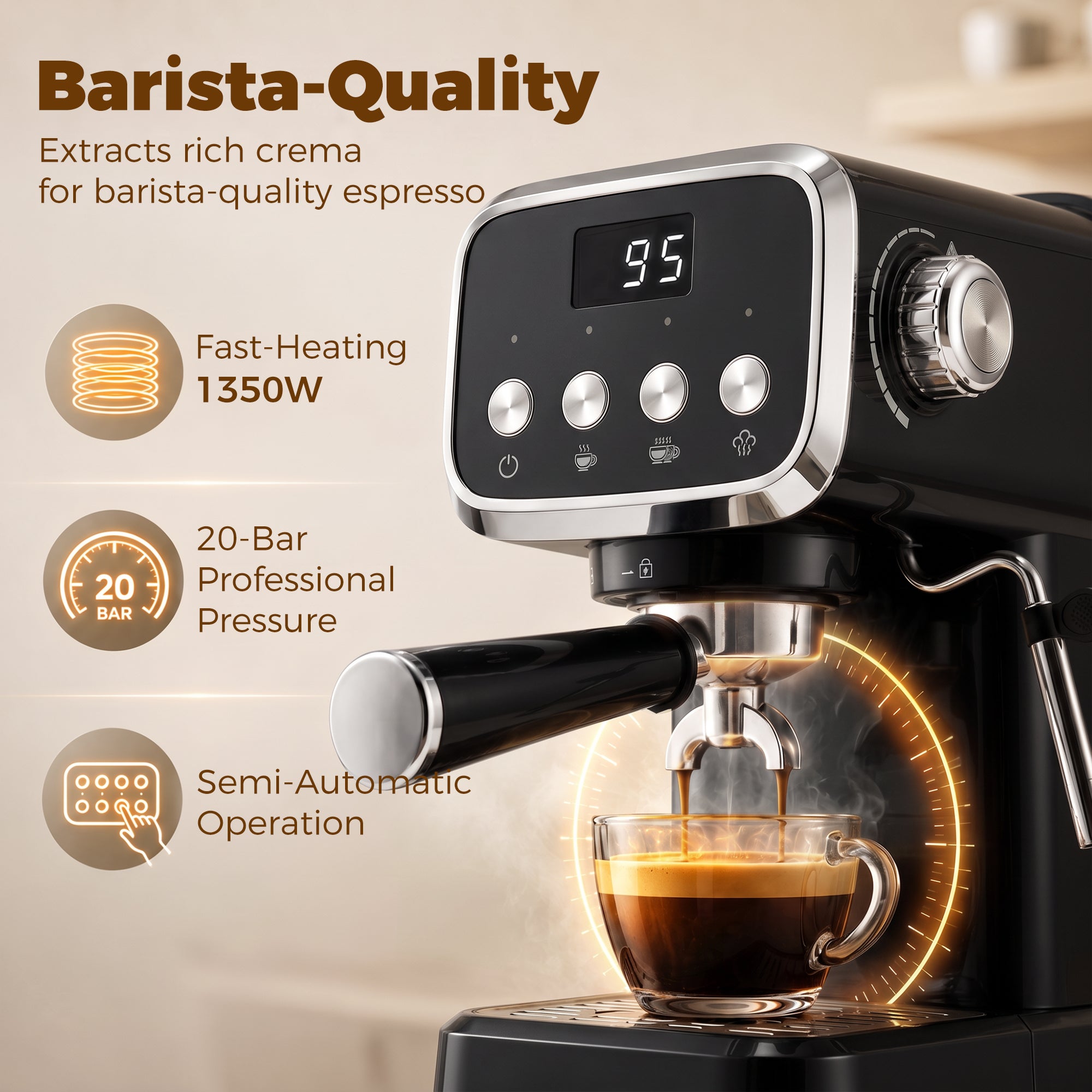 Espresso Machine with Milk Frother Wand, 1350W Semi Automatic 20 Bar Coffee Machine with 1.2L Water Tank, Latte and Cappuccino Maker with Single/Double Shot, Hot Water, Cup Warming, Black