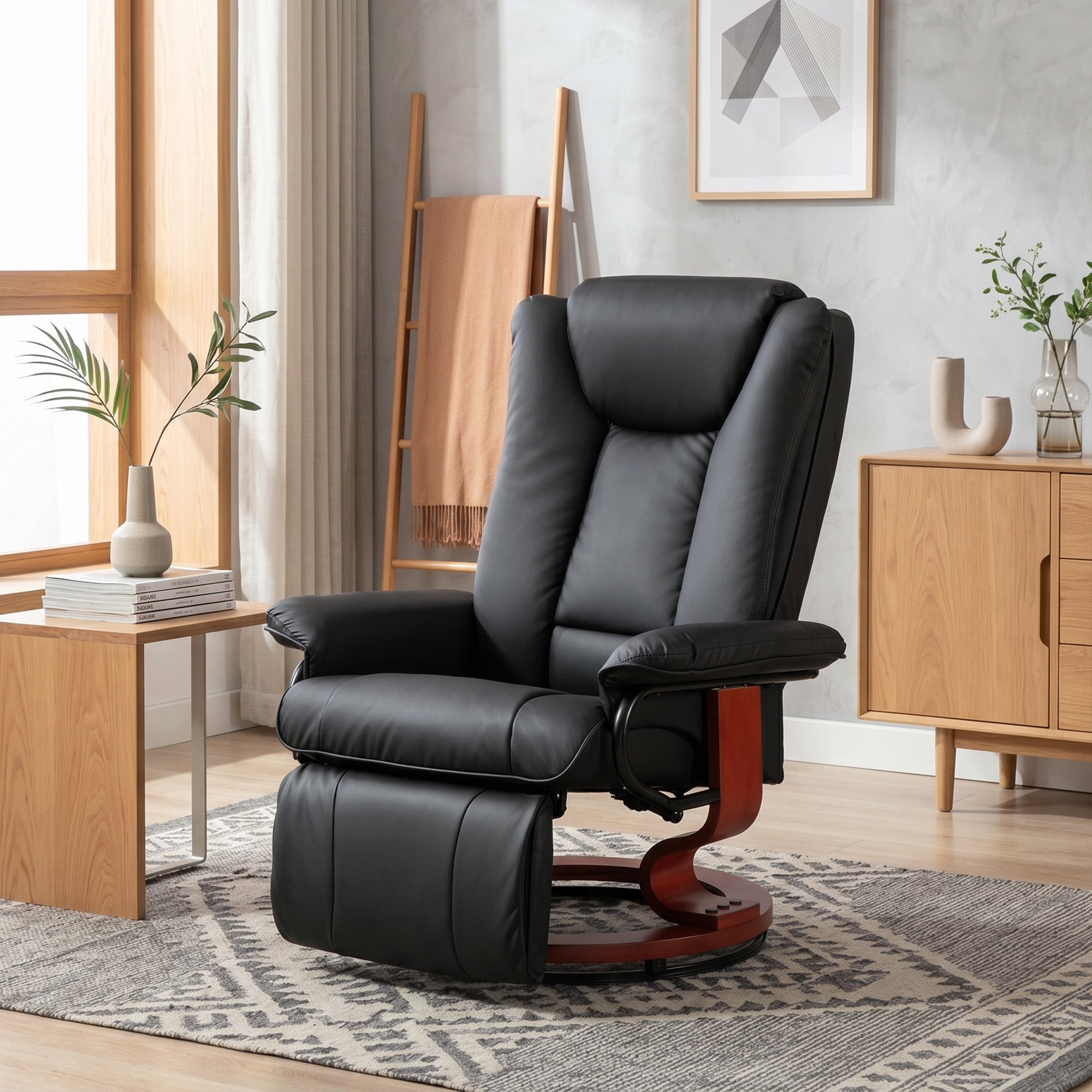 Manual Swivel Recliner Chair, PU Leather Reclining Chair with Footrest for Living Room, Black