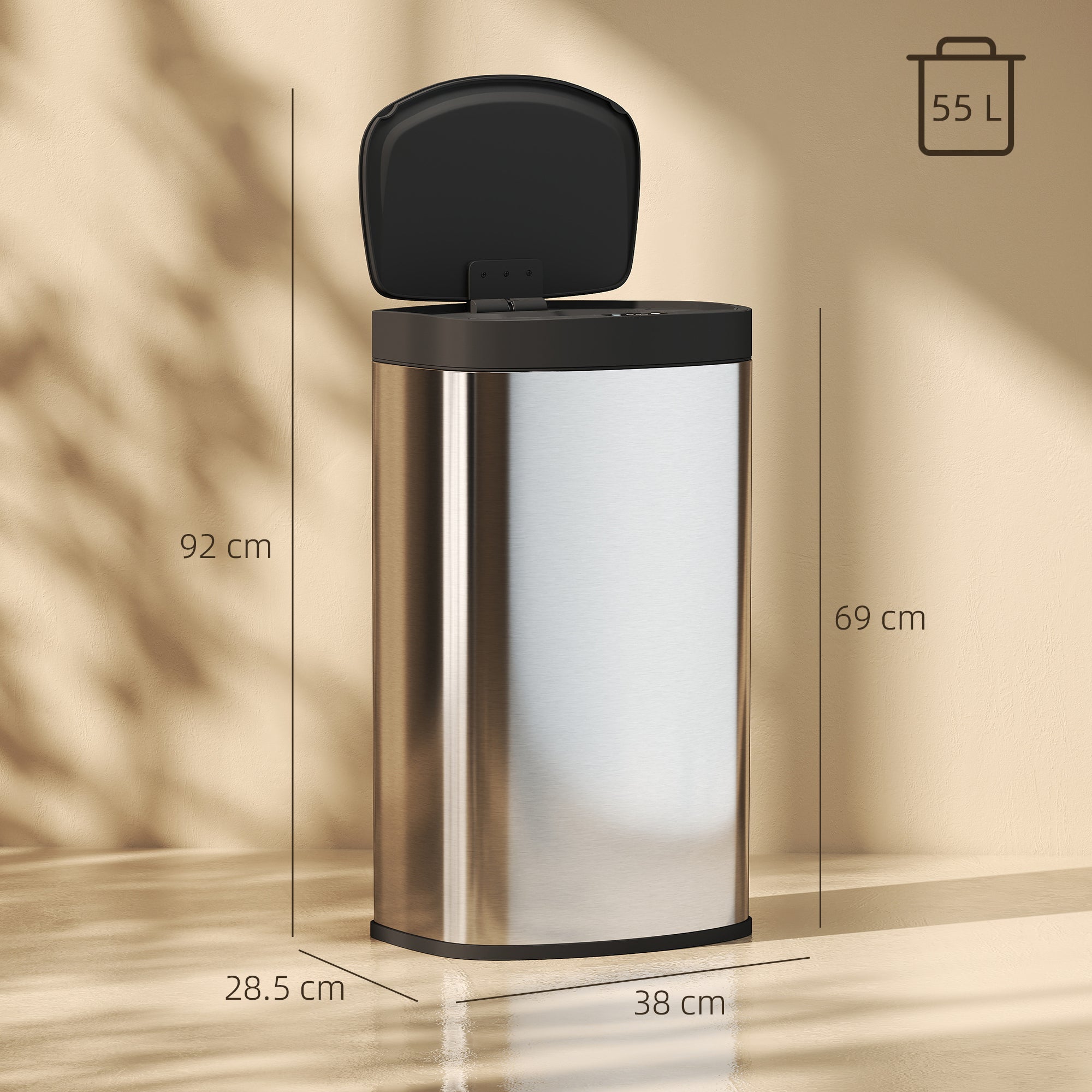 55L Sensor Bin with Soft-Close Lid, Automatic Touchless Motion Sensor Kitchen Bin with Fingerprint Resistant Stainless Steel for Hygienic Gyms, Home Office Use, Silver Tone