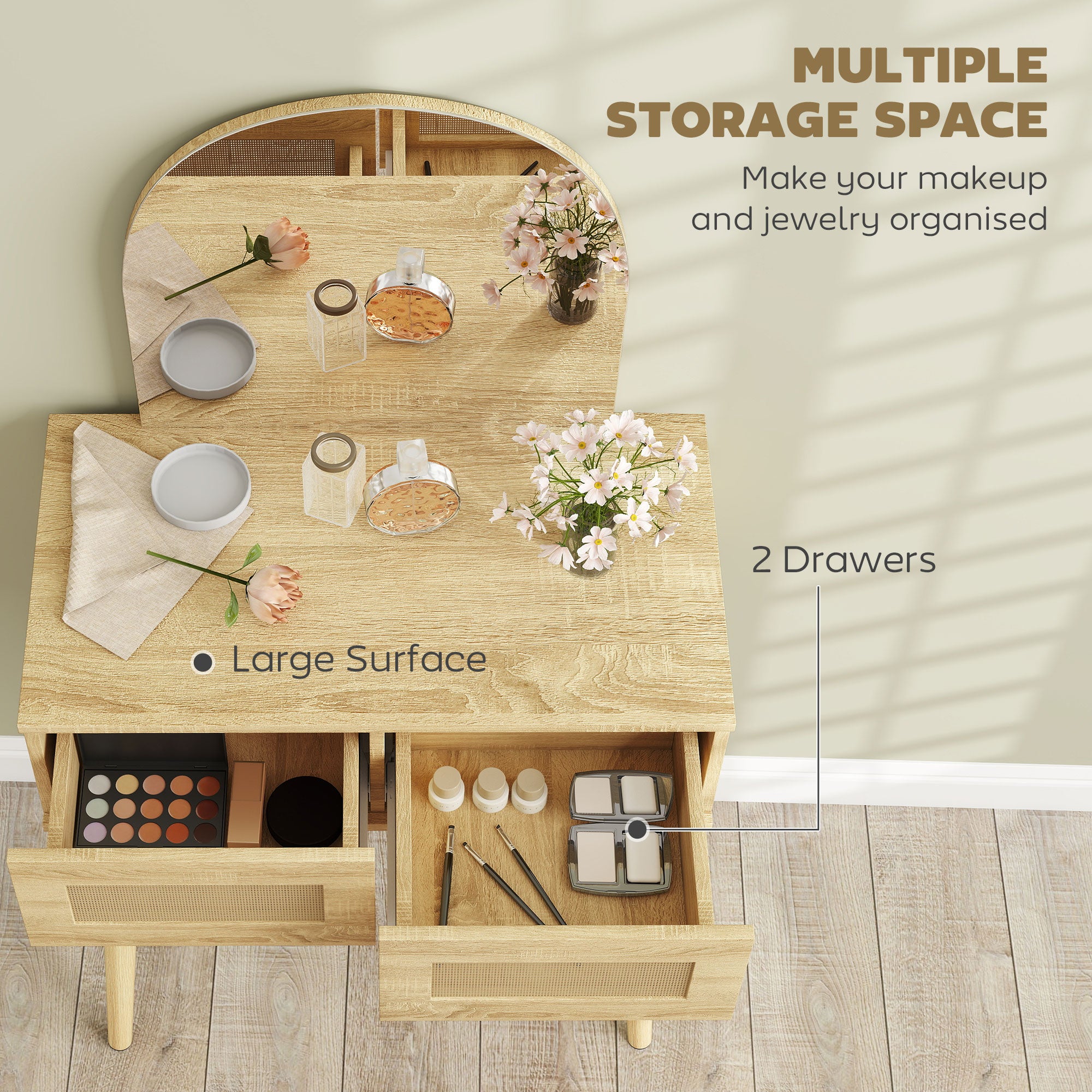 Vanity Desk with Arched Mirror, Modern Compact Makeup Vanity with 2 Drawers, Dressing Table for Bedroom, Natural Wood