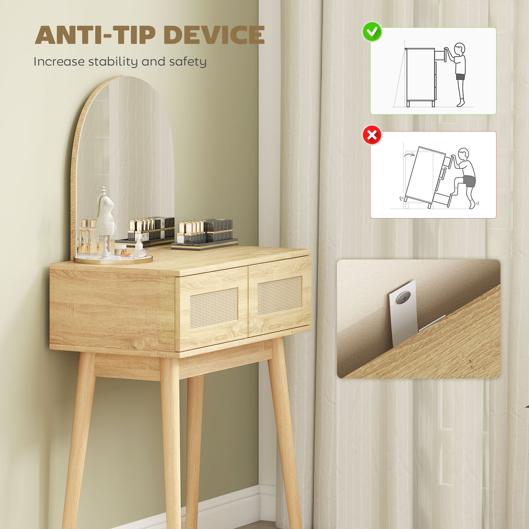 Vanity Desk with Arched Mirror, Modern Compact Makeup Vanity with 2 Drawers, Dressing Table for Bedroom, Natural Wood