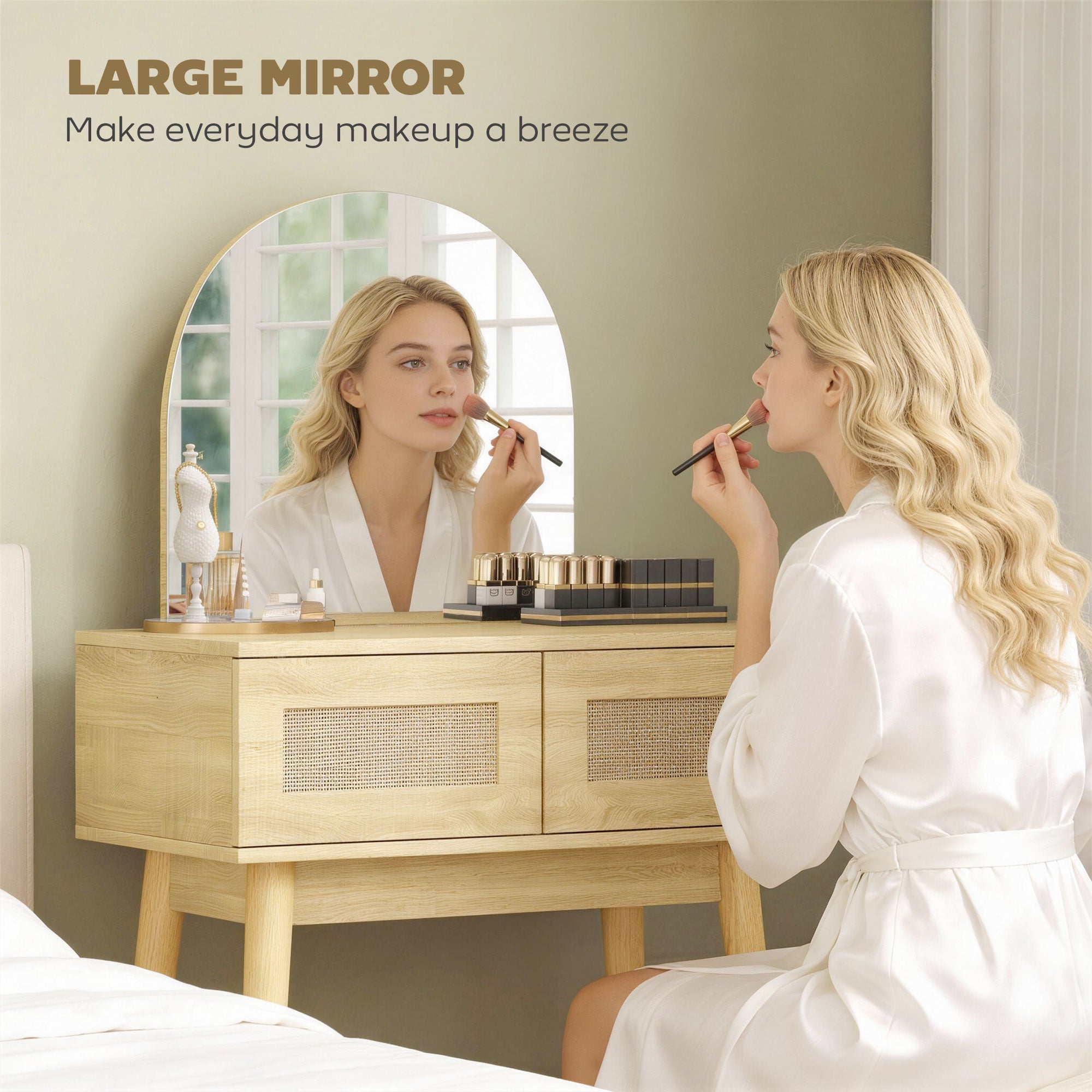 Vanity Desk with Arched Mirror, Modern Compact Makeup Vanity with 2 Drawers, Dressing Table for Bedroom, Natural Wood