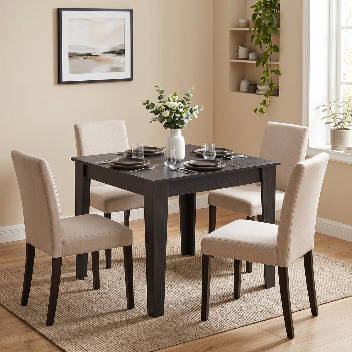 Square Dining Table for 4, 31.5" Modern Kitchen Table with Wood Effect Tabletop, for Dining Room, Kitchen, Living Room, Black Wood Effect