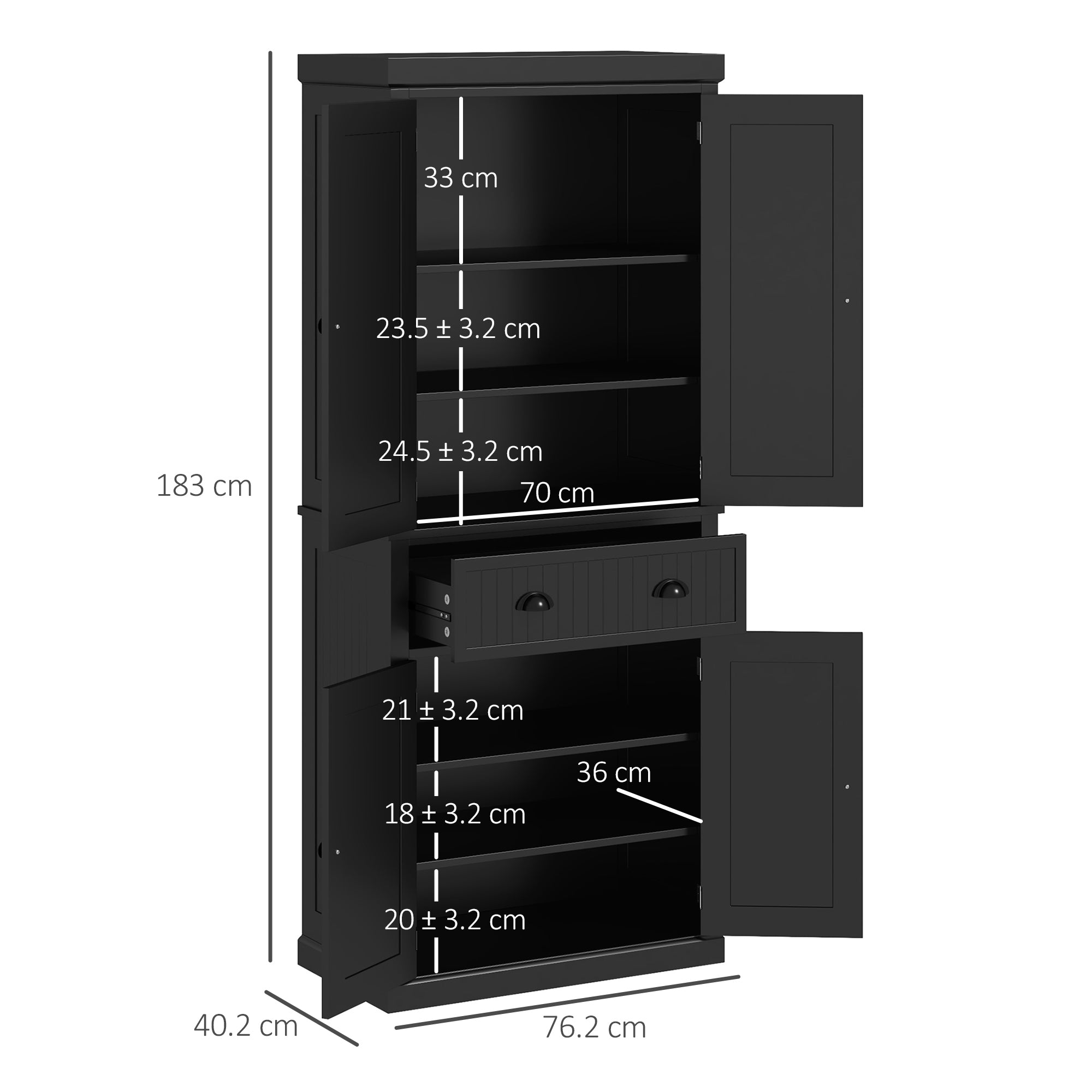 HOMCOM 183cm Freestanding Kitchen Cupboard, Tall Storage Cabinet with 4 Doors and 3 Adjustable Shelves, Traditional Kitchen Pantry Cupboard for Dining Room, Black