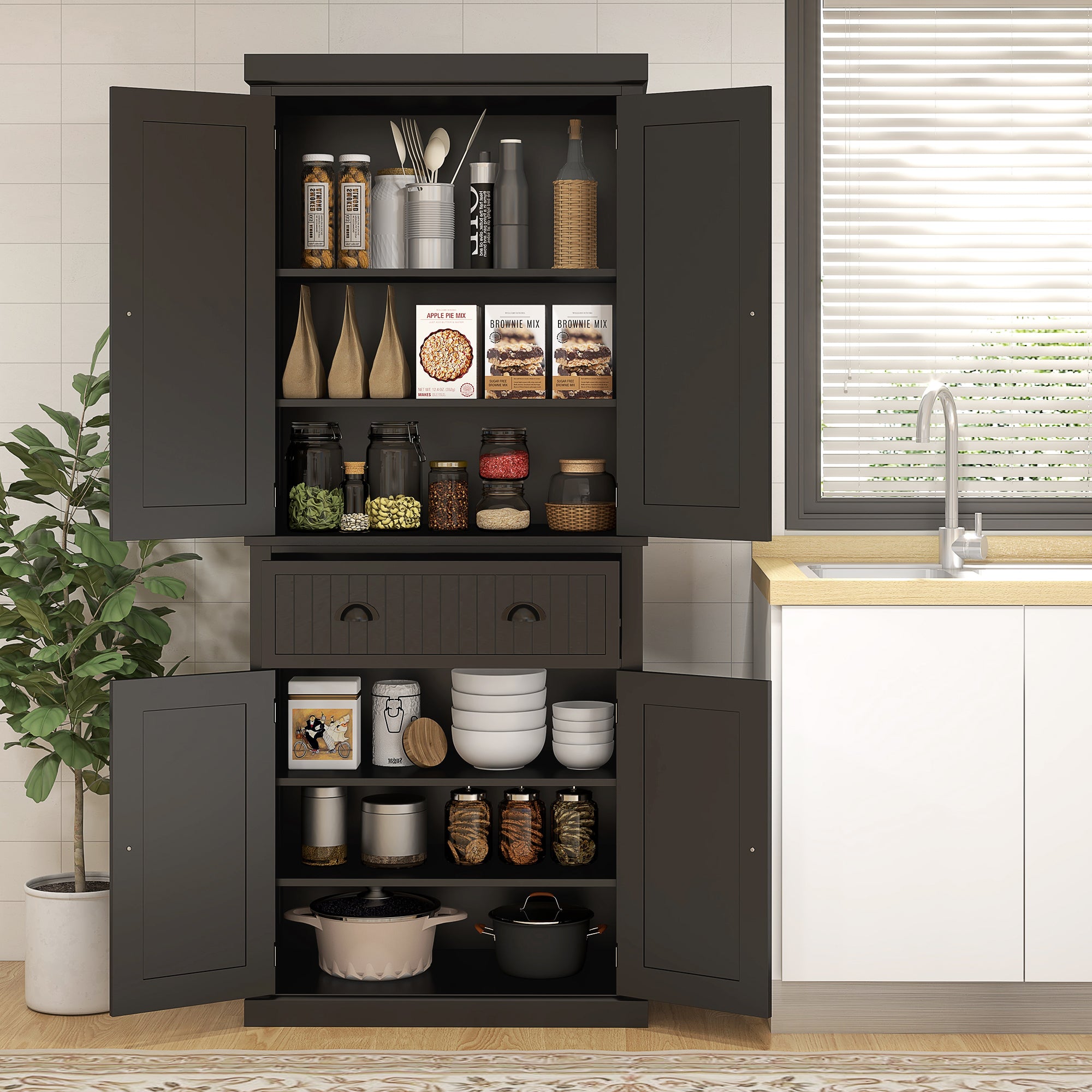 HOMCOM 183cm Freestanding Kitchen Cupboard, Tall Storage Cabinet with 4 Doors and 3 Adjustable Shelves, Traditional Kitchen Pantry Cupboard for Dining Room, Black