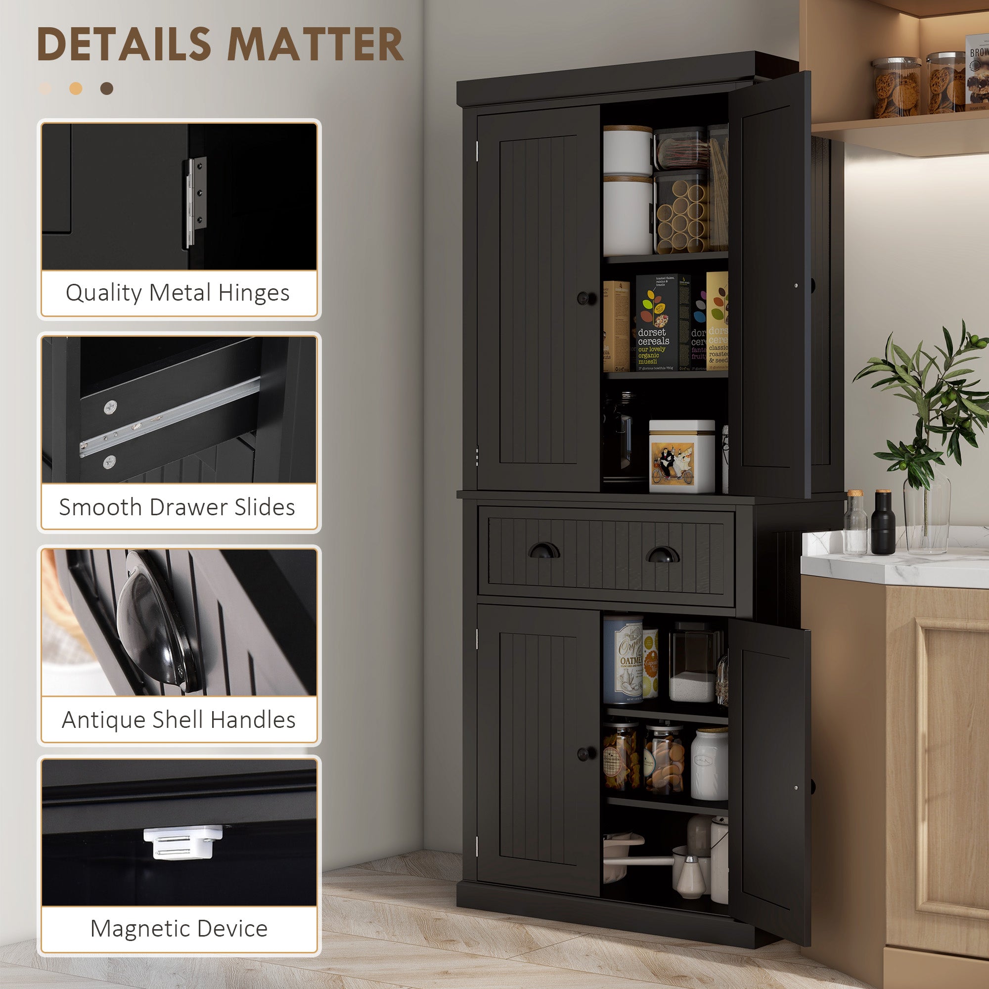 HOMCOM 183cm Freestanding Kitchen Cupboard, Tall Storage Cabinet with 4 Doors and 3 Adjustable Shelves, Traditional Kitchen Pantry Cupboard for Dining Room, Black