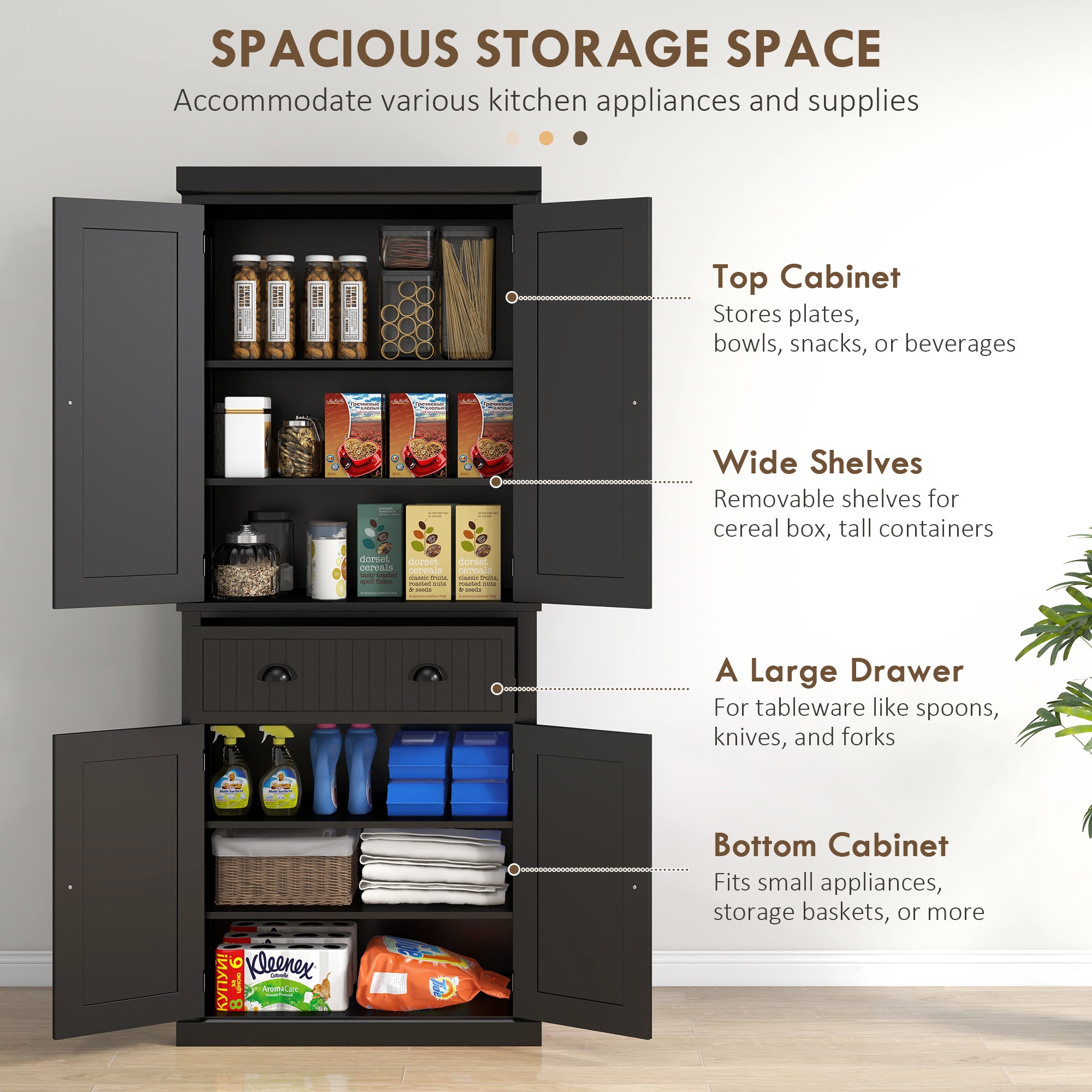 HOMCOM 183cm Freestanding Kitchen Cupboard, Tall Storage Cabinet with 4 Doors and 3 Adjustable Shelves, Traditional Kitchen Pantry Cupboard for Dining Room, Black