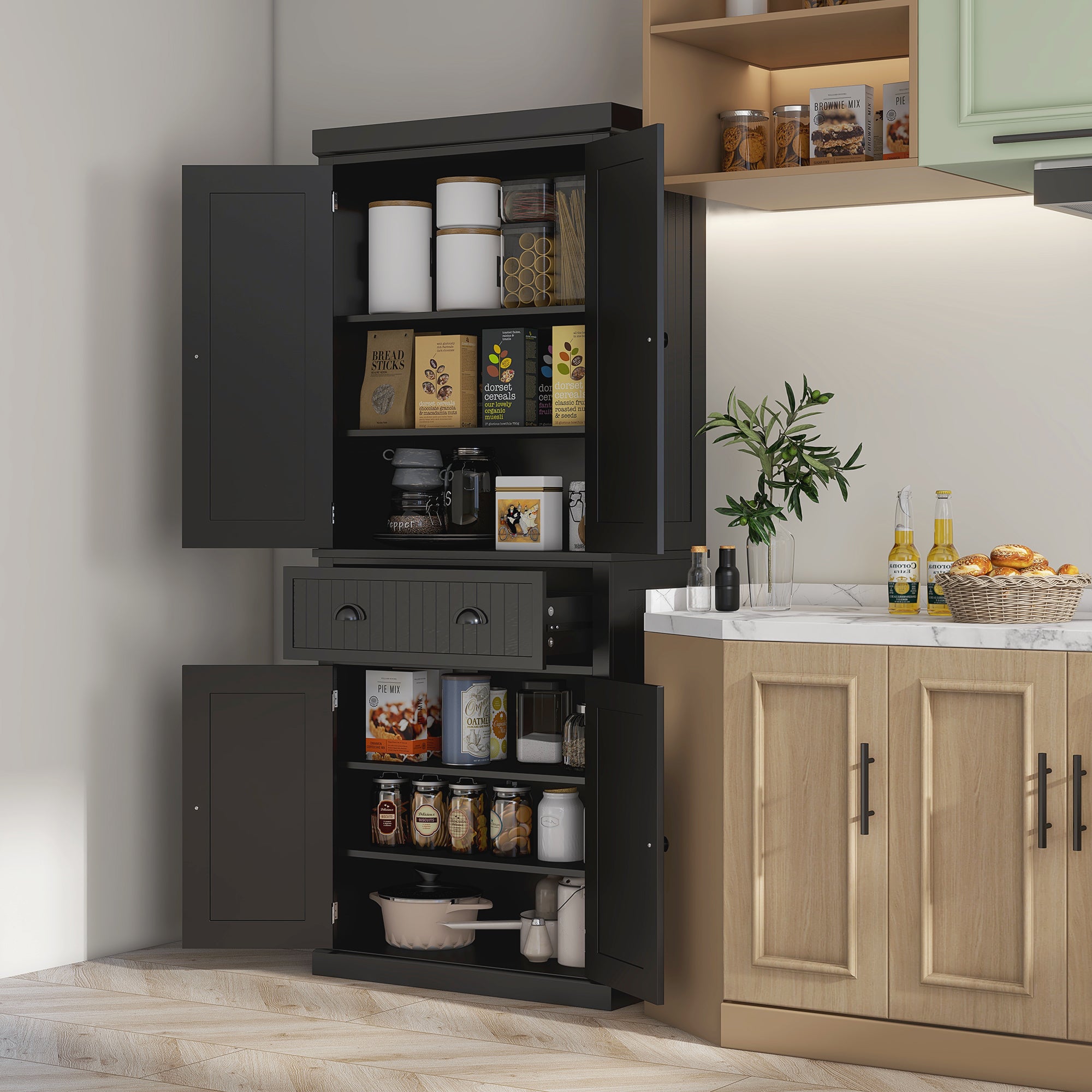 HOMCOM 183cm Freestanding Kitchen Cupboard, Tall Storage Cabinet with 4 Doors and 3 Adjustable Shelves, Traditional Kitchen Pantry Cupboard for Dining Room, Black