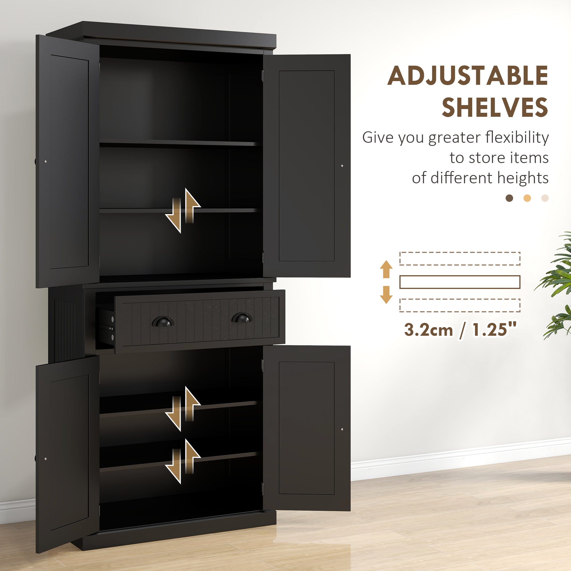HOMCOM 183cm Freestanding Kitchen Cupboard, Tall Storage Cabinet with 4 Doors and 3 Adjustable Shelves, Traditional Kitchen Pantry Cupboard for Dining Room, Black