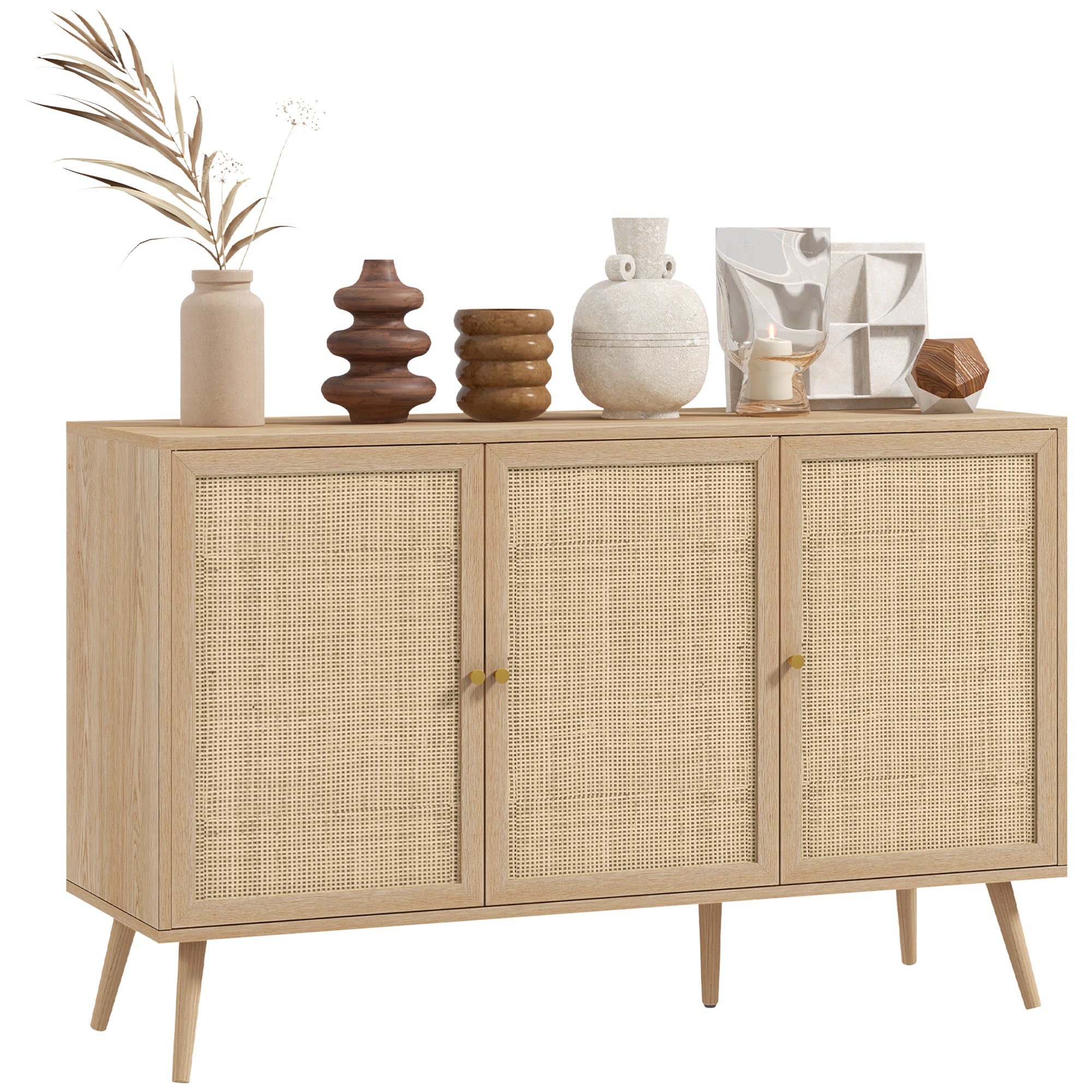 HOMCOM Sideboard Buffet Cabinet, Boho Kitchen Storage Cabinet with Shelves, Wood Legs, Decorative Rattan Doors, Natural