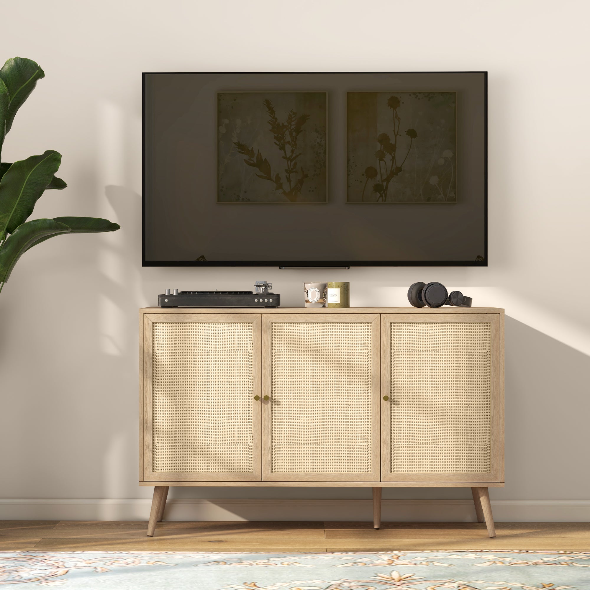 HOMCOM Sideboard Buffet Cabinet, Boho Kitchen Storage Cabinet with Shelves, Wood Legs, Decorative Rattan Doors, Natural